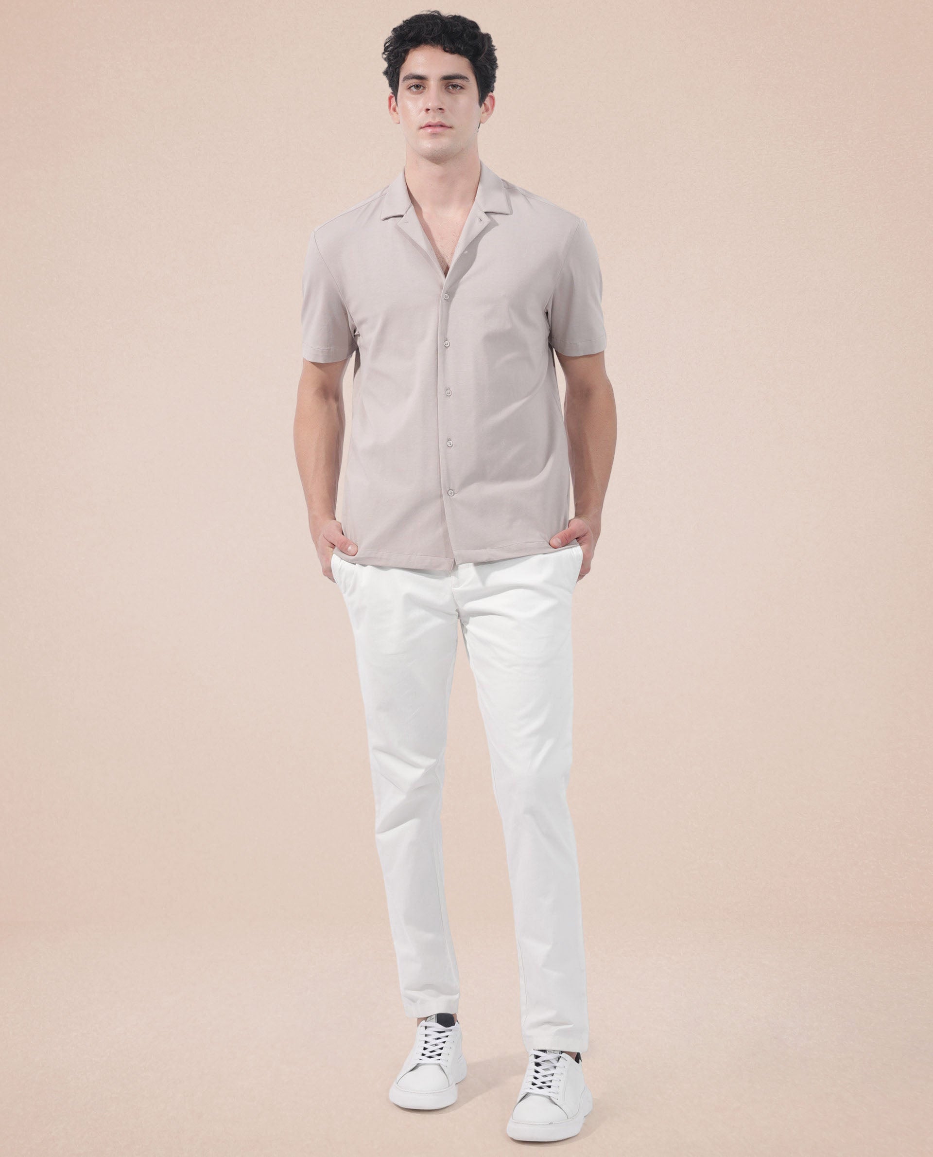 Rare Rabbit Men's Nick Beige Cotton Lycra Fabric Cuban Collar Half Sleeves Solid Shirt