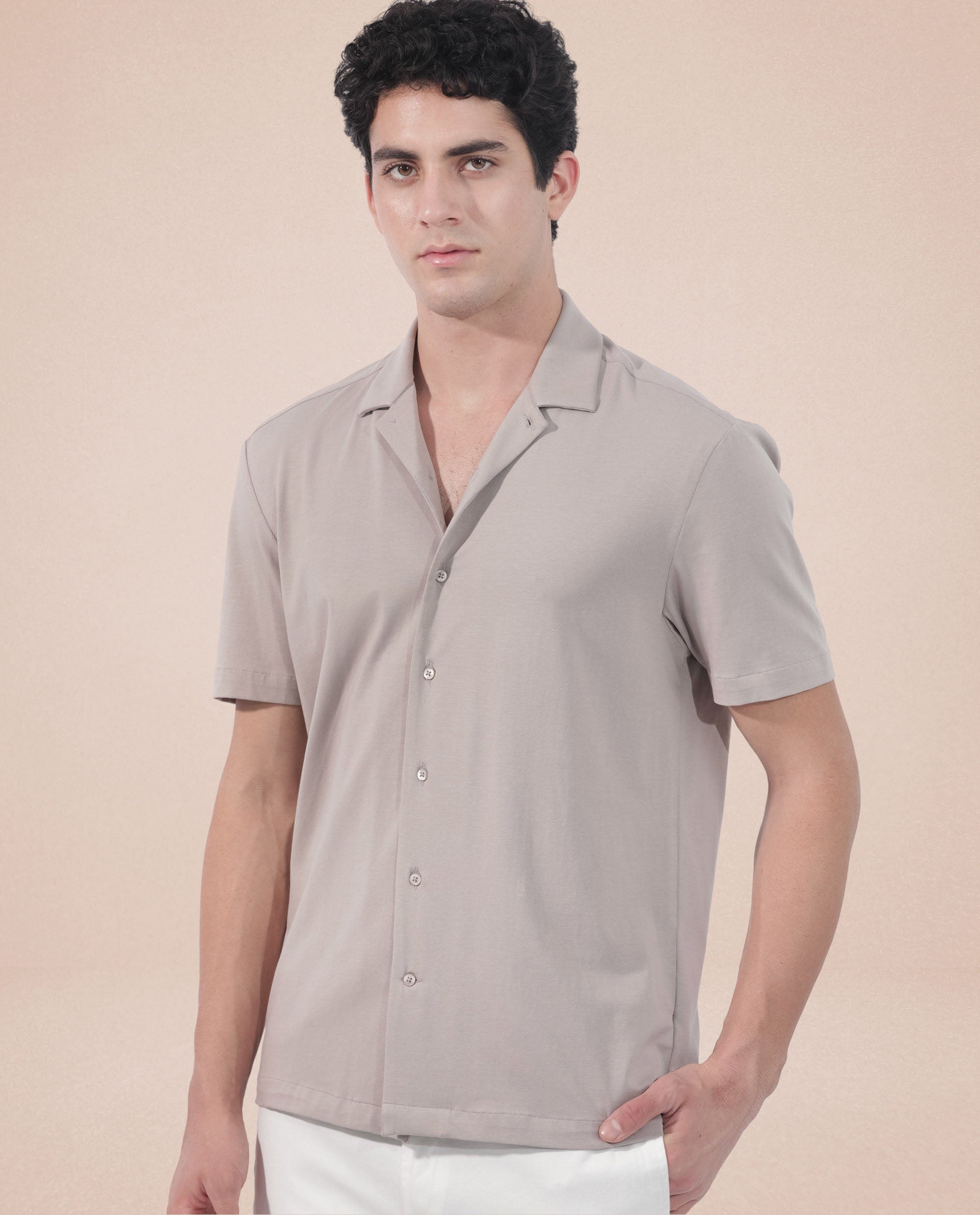 Rare Rabbit Men's Nick Beige Cotton Lycra Fabric Cuban Collar Half Sleeves Solid Shirt