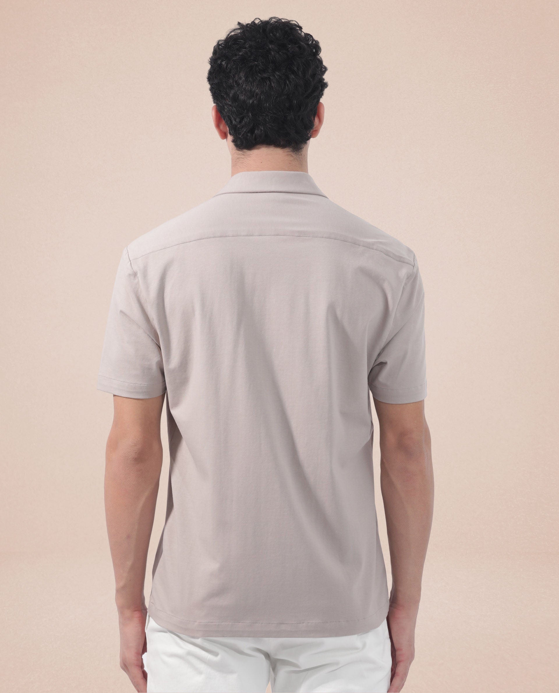 Rare Rabbit Men's Nick Beige Cotton Lycra Fabric Cuban Collar Half Sleeves Solid Shirt