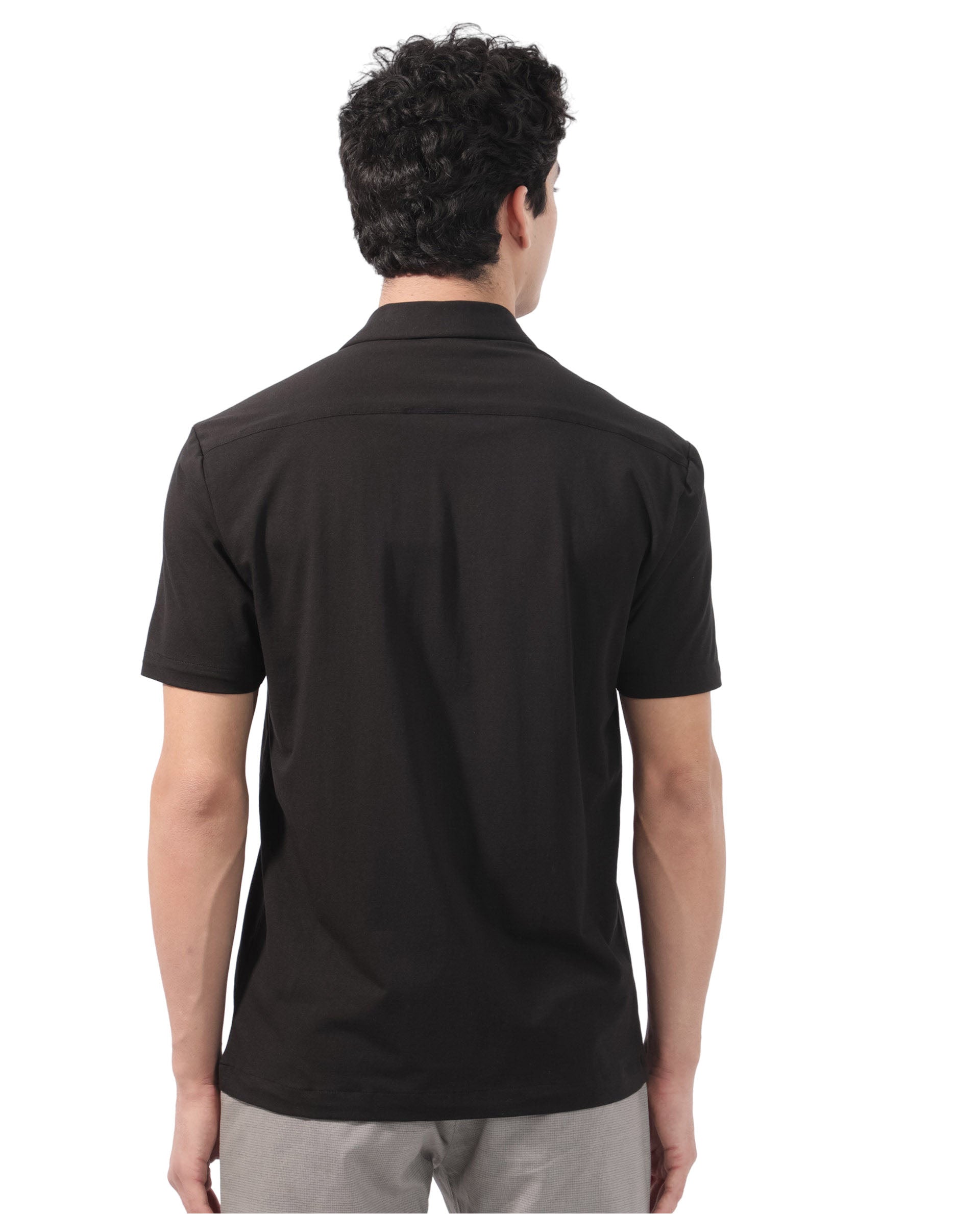 Rare Rabbit Men's Nick Black Cotton Lycra Fabric Cuban Collar Half Sleeves Solid Shirt