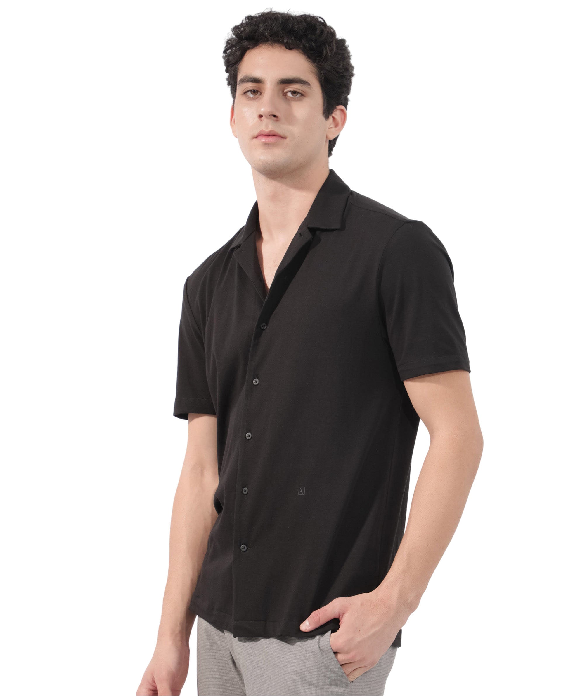 Rare Rabbit Men's Nick Black Cotton Lycra Fabric Cuban Collar Half Sleeves Solid Shirt