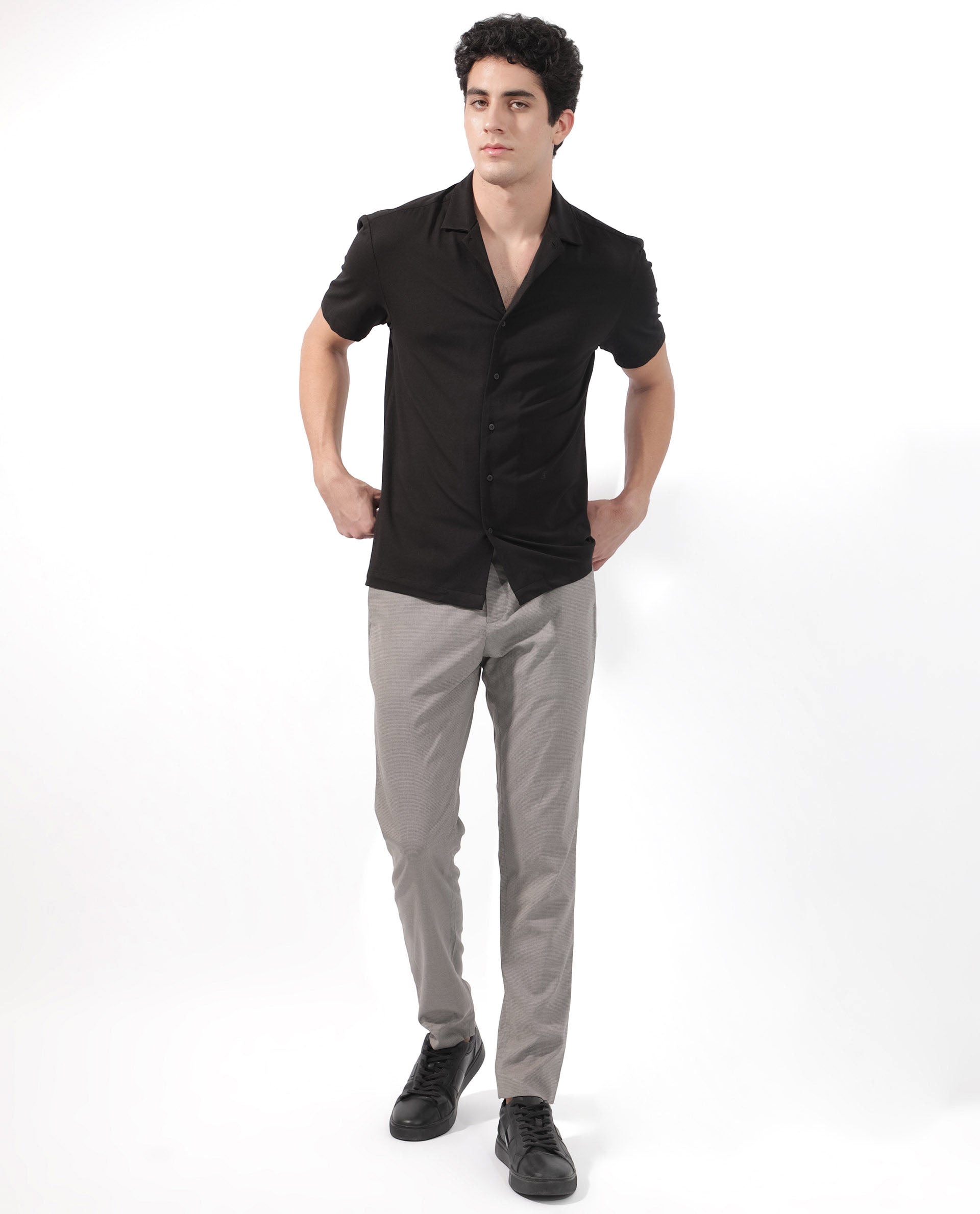 Rare Rabbit Men's Nick Black Cotton Lycra Fabric Cuban Collar Half Sleeves Solid Shirt