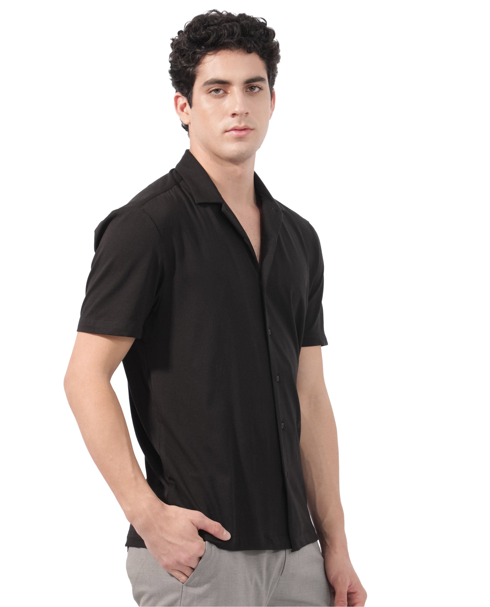 Rare Rabbit Men's Nick Black Cotton Lycra Fabric Cuban Collar Half Sleeves Solid Shirt