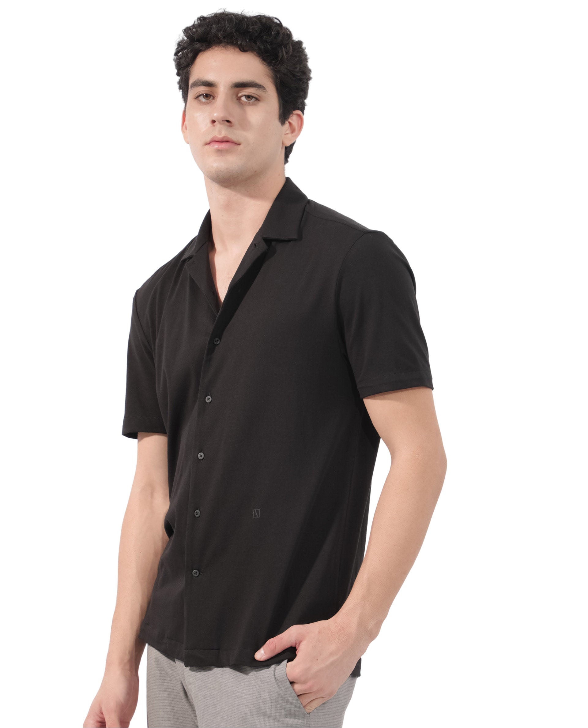 Rare Rabbit Men's Nick Black Cotton Lycra Fabric Cuban Collar Half Sleeves Solid Shirt