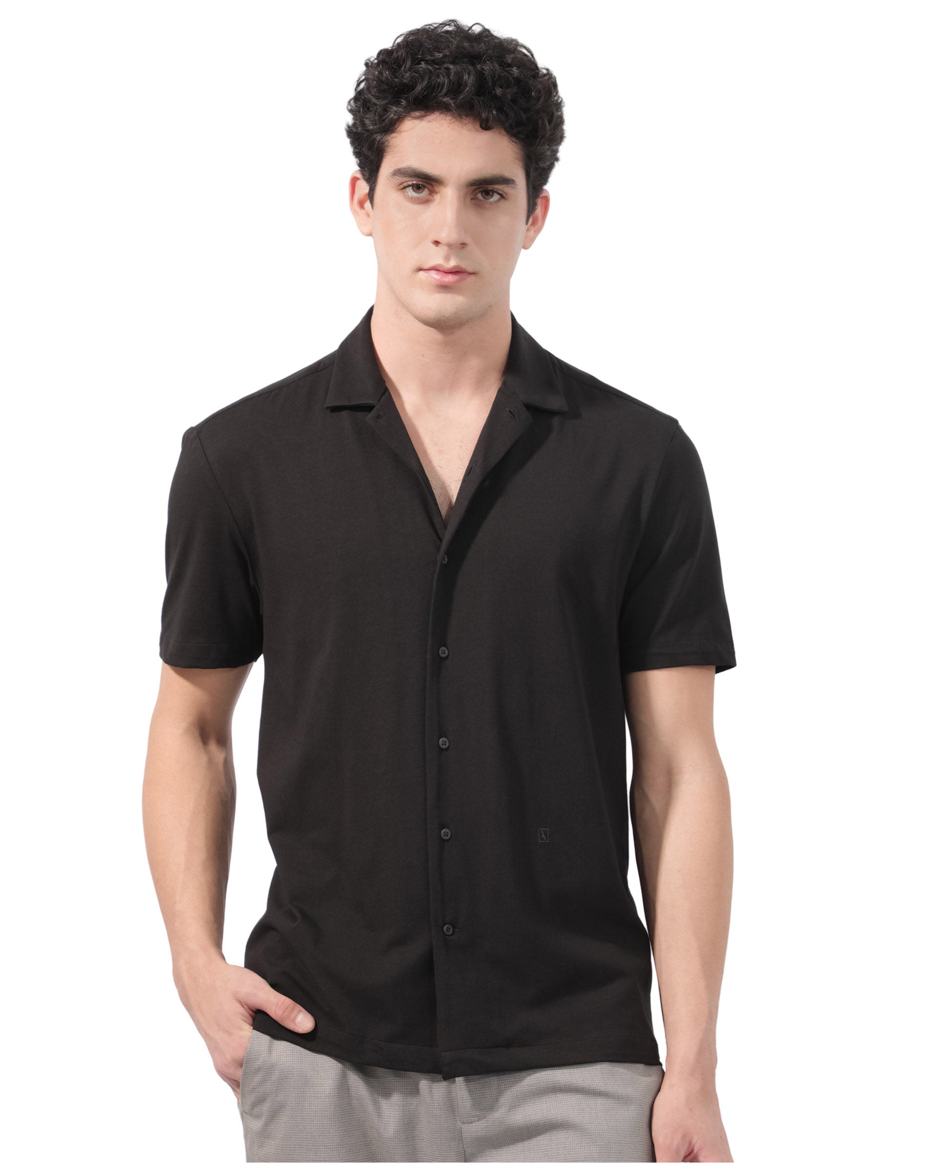 Rare Rabbit Men's Nick Black Cotton Lycra Fabric Cuban Collar Half Sleeves Solid Shirt