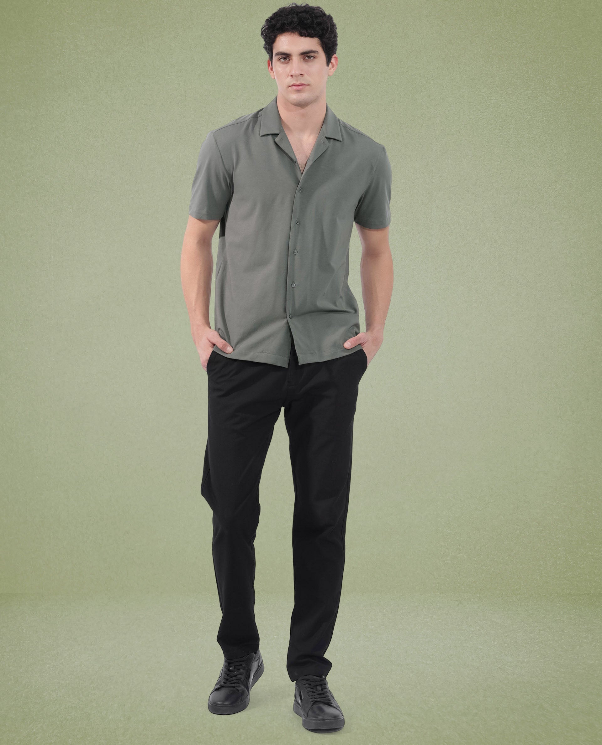 Rare Rabbit Men's Nick Dark Green Cotton Lycra Fabric Cuban Collar Half Sleeves Solid Shirt