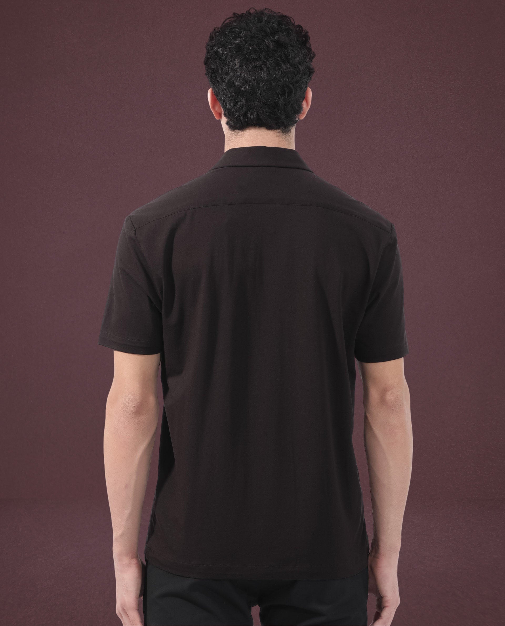 Rare Rabbit Men's Nick Dark Maroon Cotton Lycra Fabric Cuban Collar Half Sleeves Solid Shirt