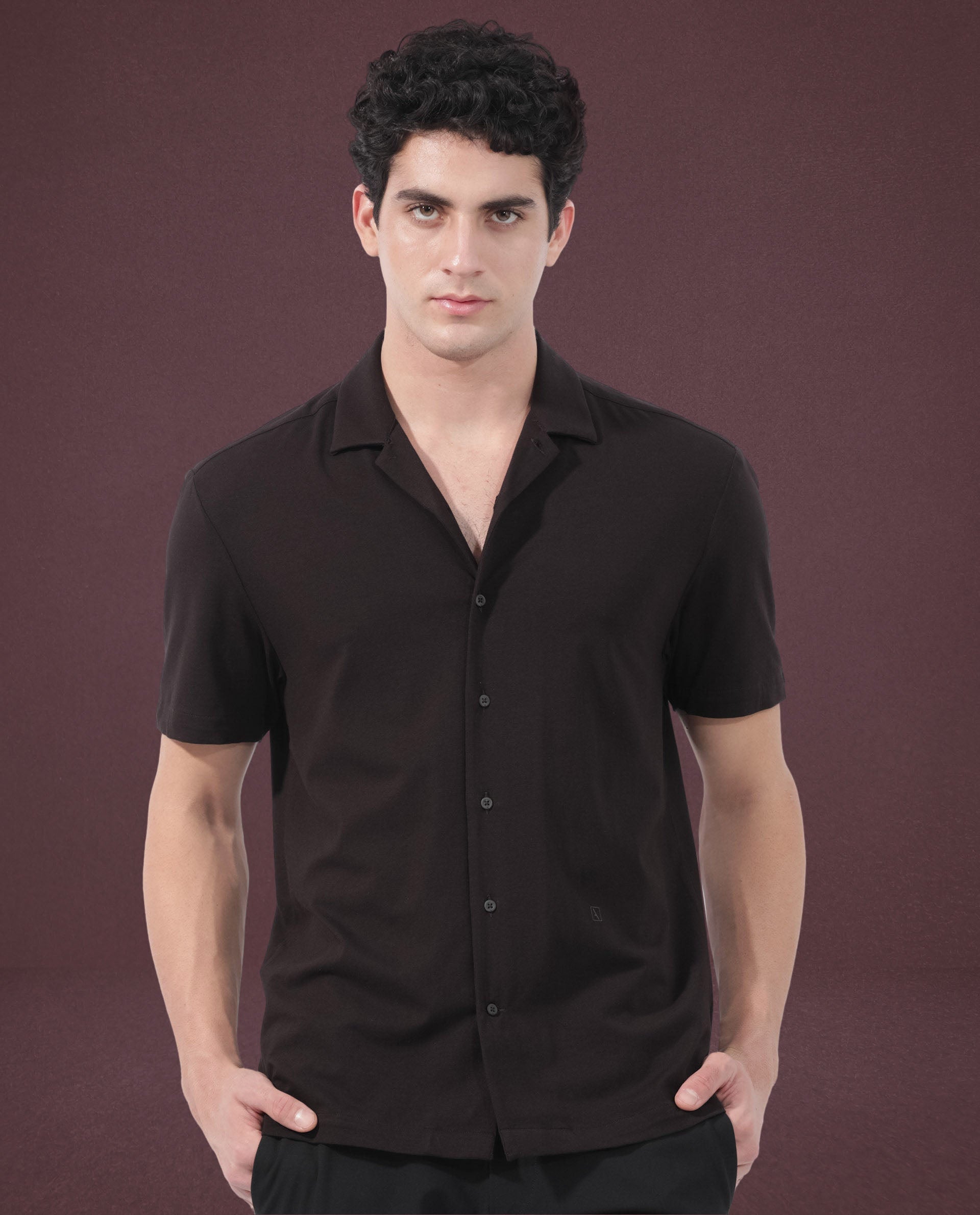 Rare Rabbit Men's Nick Dark Maroon Cotton Lycra Fabric Cuban Collar Half Sleeves Solid Shirt