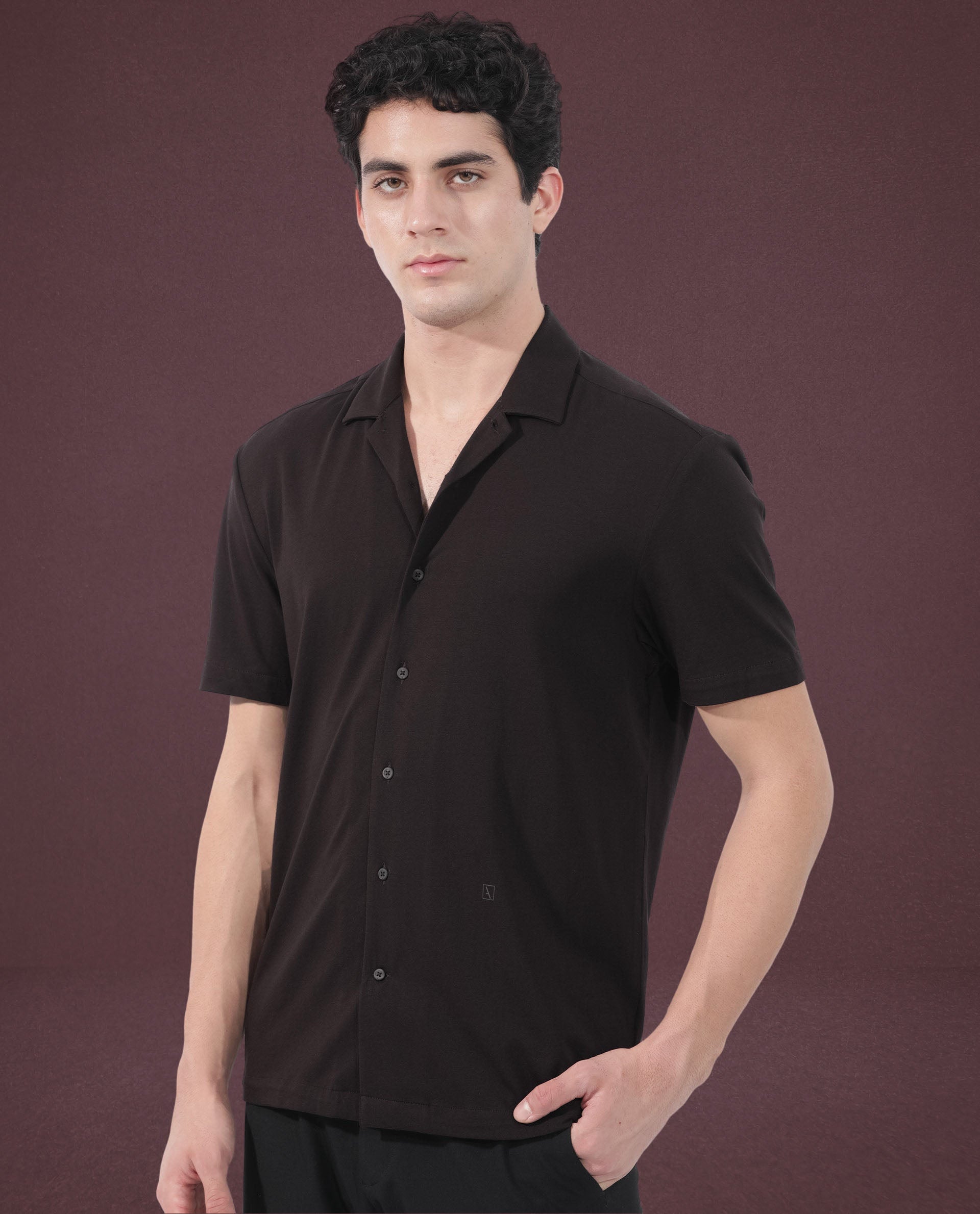 Rare Rabbit Men's Nick Dark Maroon Cotton Lycra Fabric Cuban Collar Half Sleeves Solid Shirt