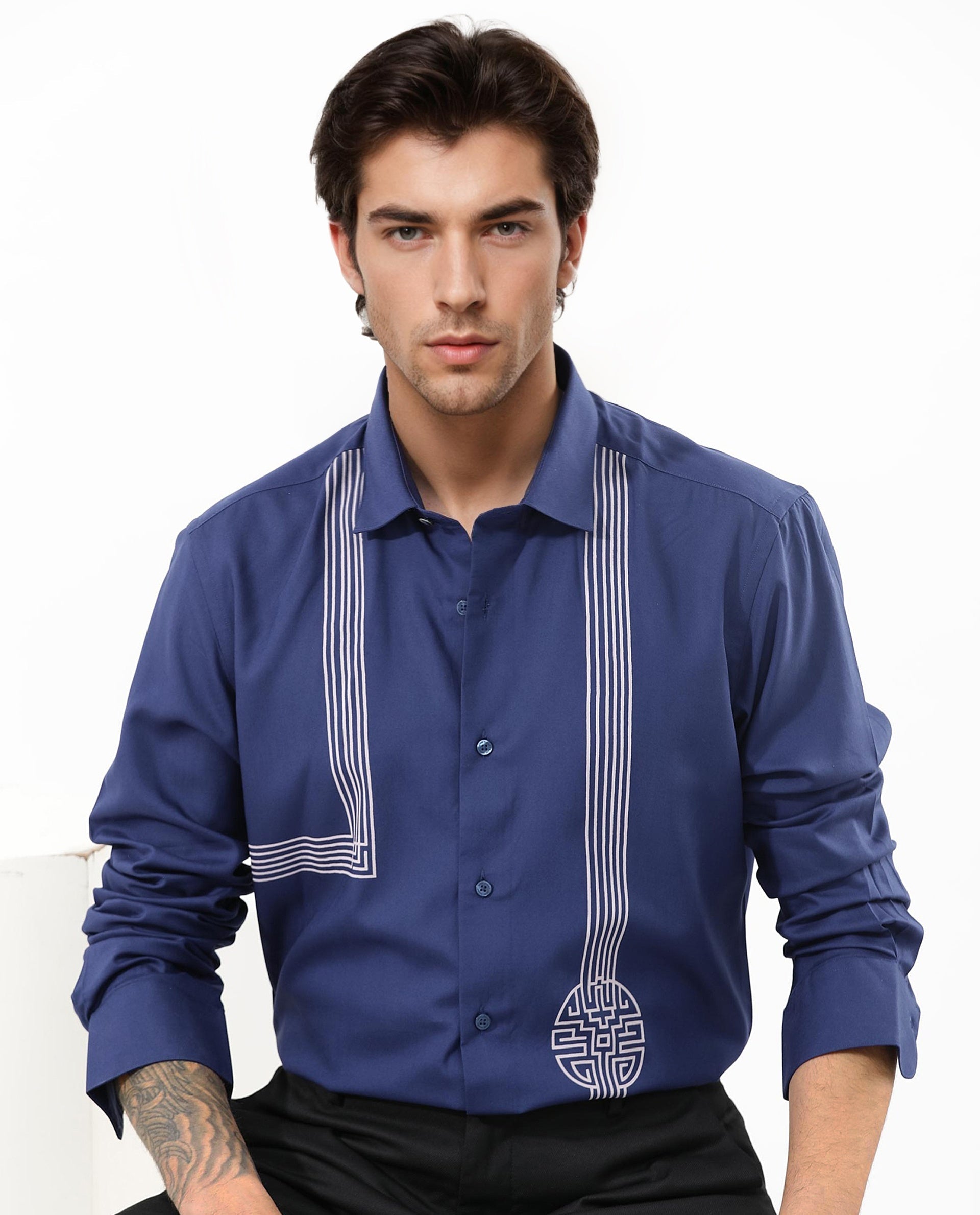 Rare Rabbit Mens Nicol Petrol Viscose Fabric Collared Neck Full Sleeves Button Closure Regular Fit Shirt