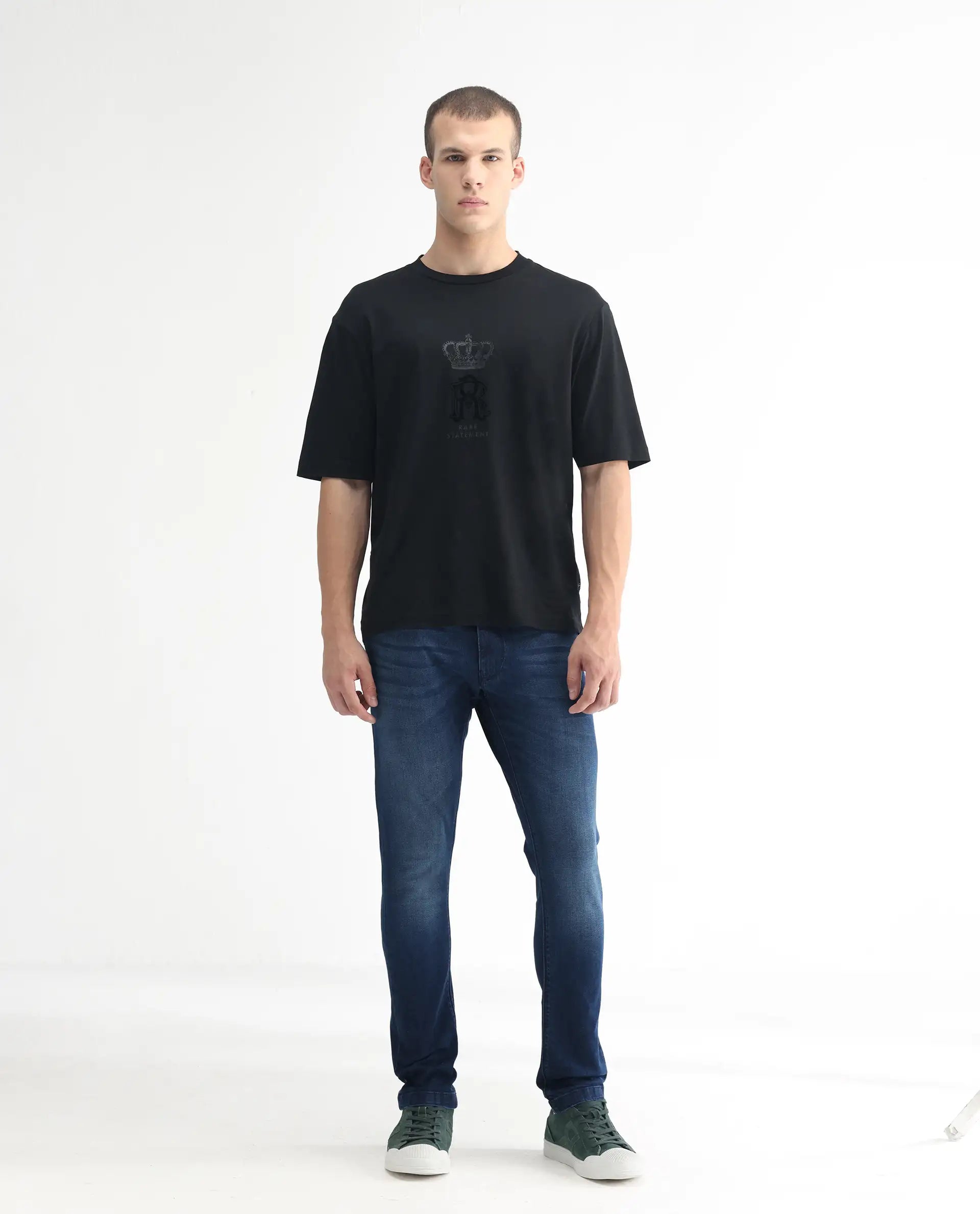 Rare Rabbit Men's Night Blue Cotton Plain Hawk Slim Fit Jeans