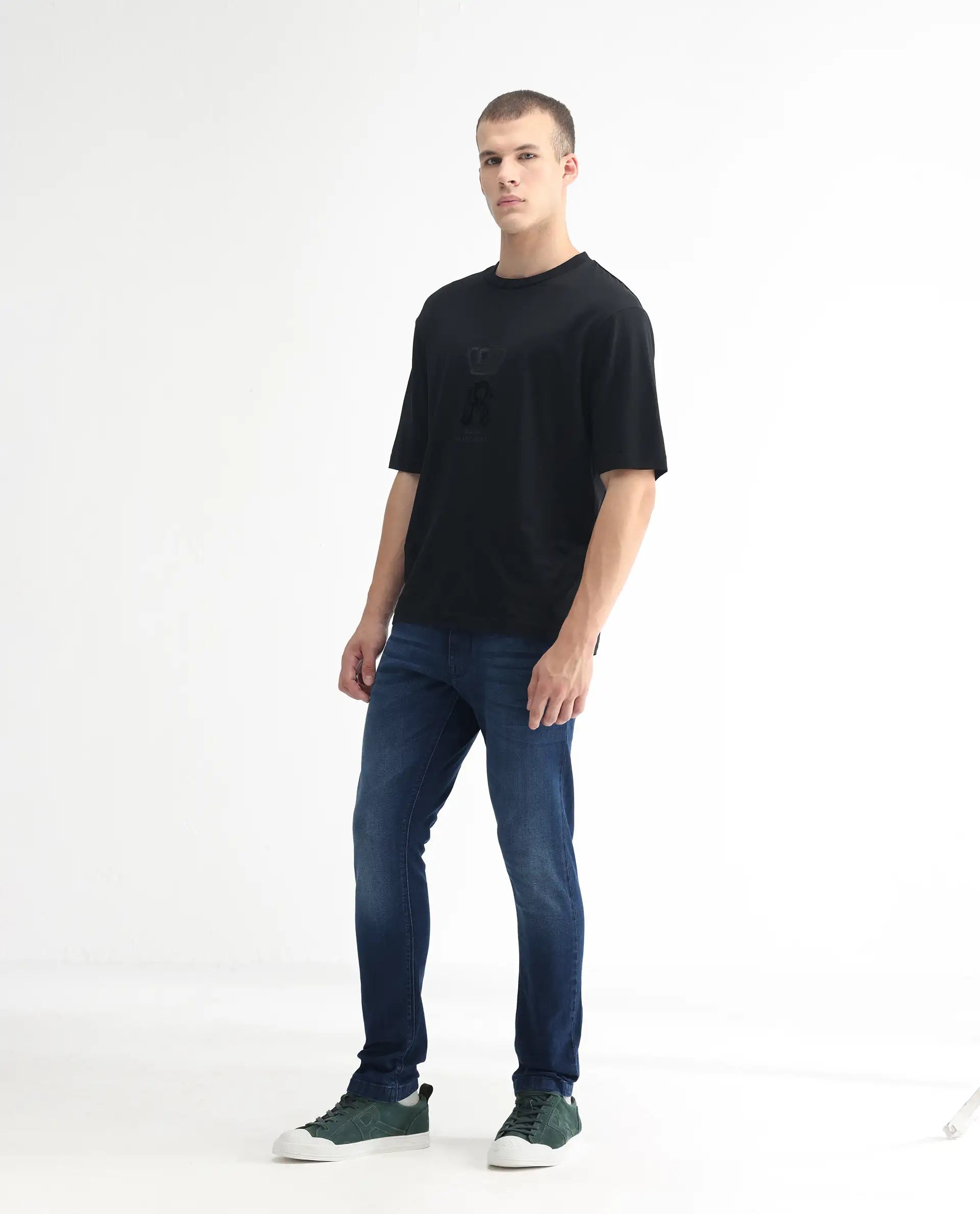 Rare Rabbit Men's Night Blue Cotton Plain Hawk Slim Fit Jeans