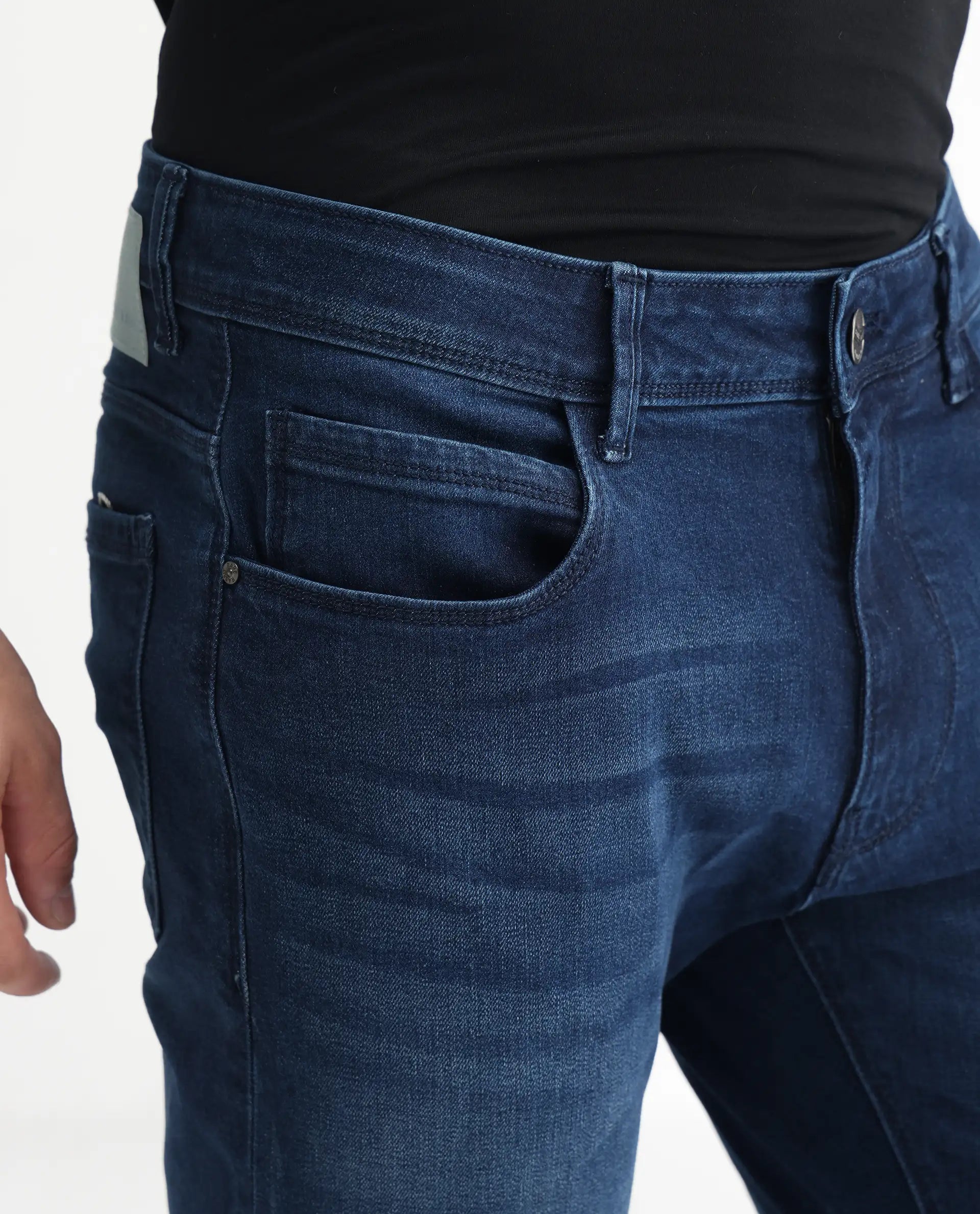 Rare Rabbit Men's Night Blue Cotton Plain Hawk Slim Fit Jeans