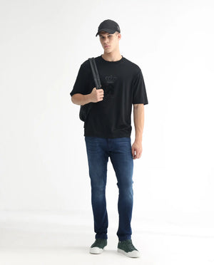 Rare Rabbit Men's Night Blue Cotton Plain Hawk Slim Fit Jeans