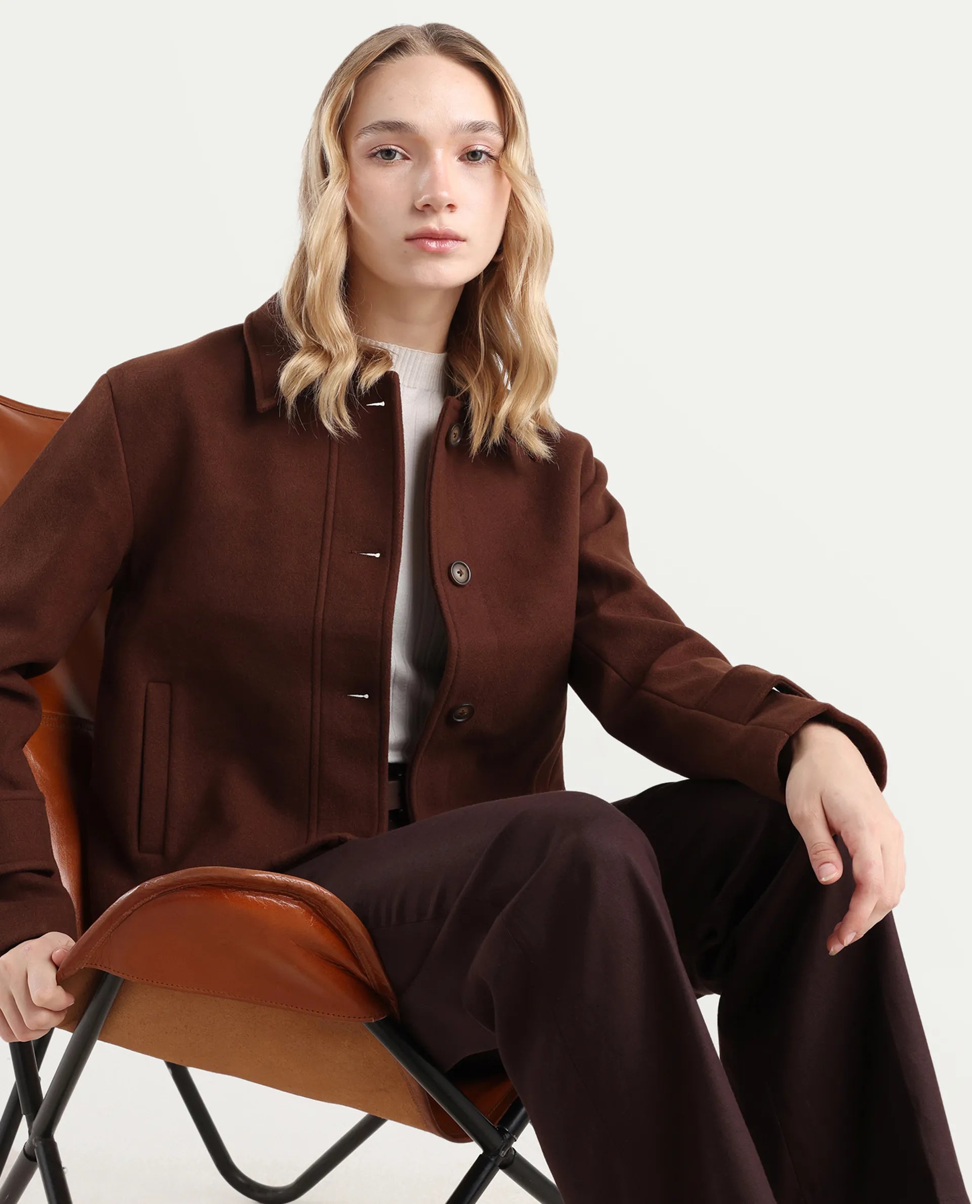 Rareism Women's Nikzo Brown Polyester Blend Spread Collar Regular Fit Jacket