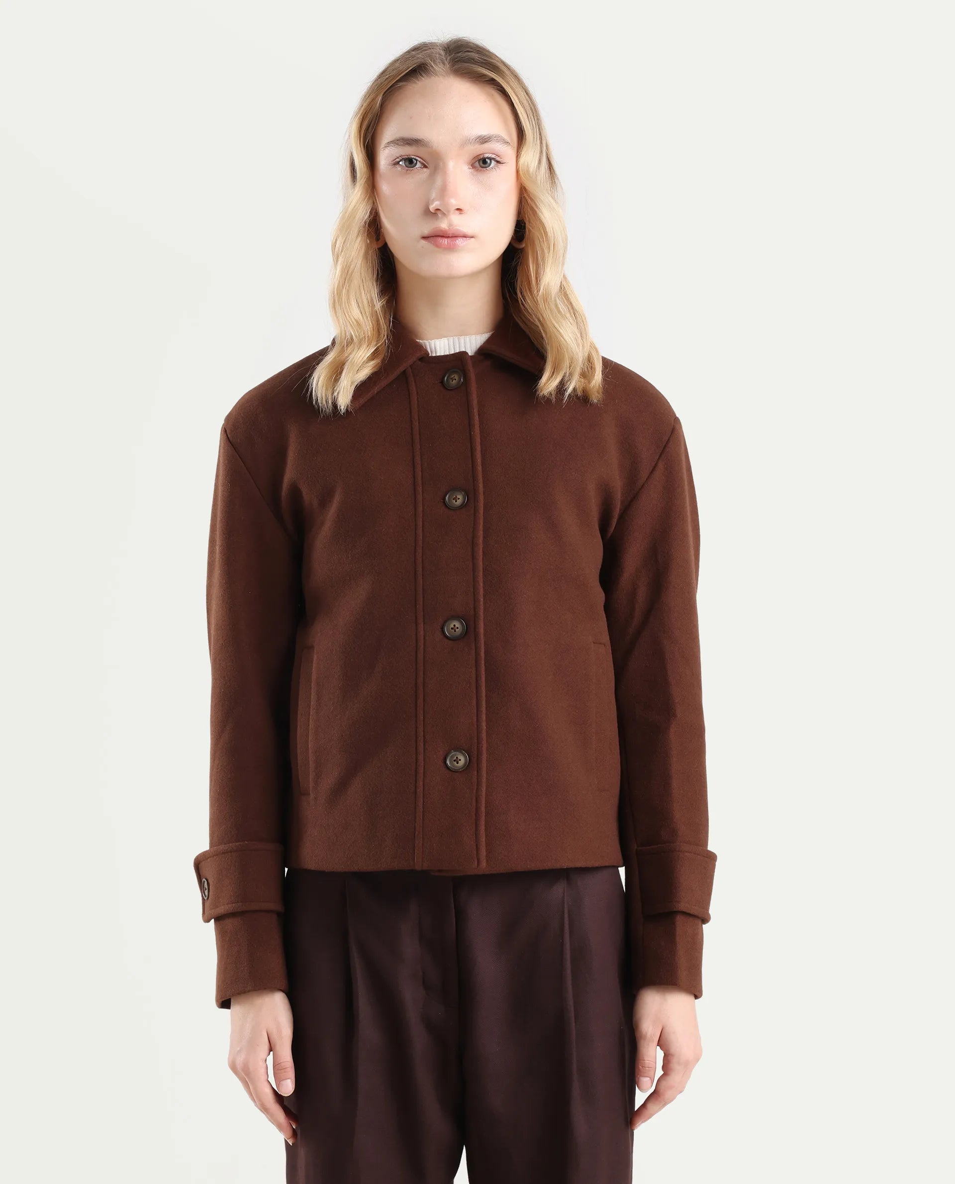 Rareism Women's Nikzo Brown Polyester Blend Spread Collar Regular Fit Jacket