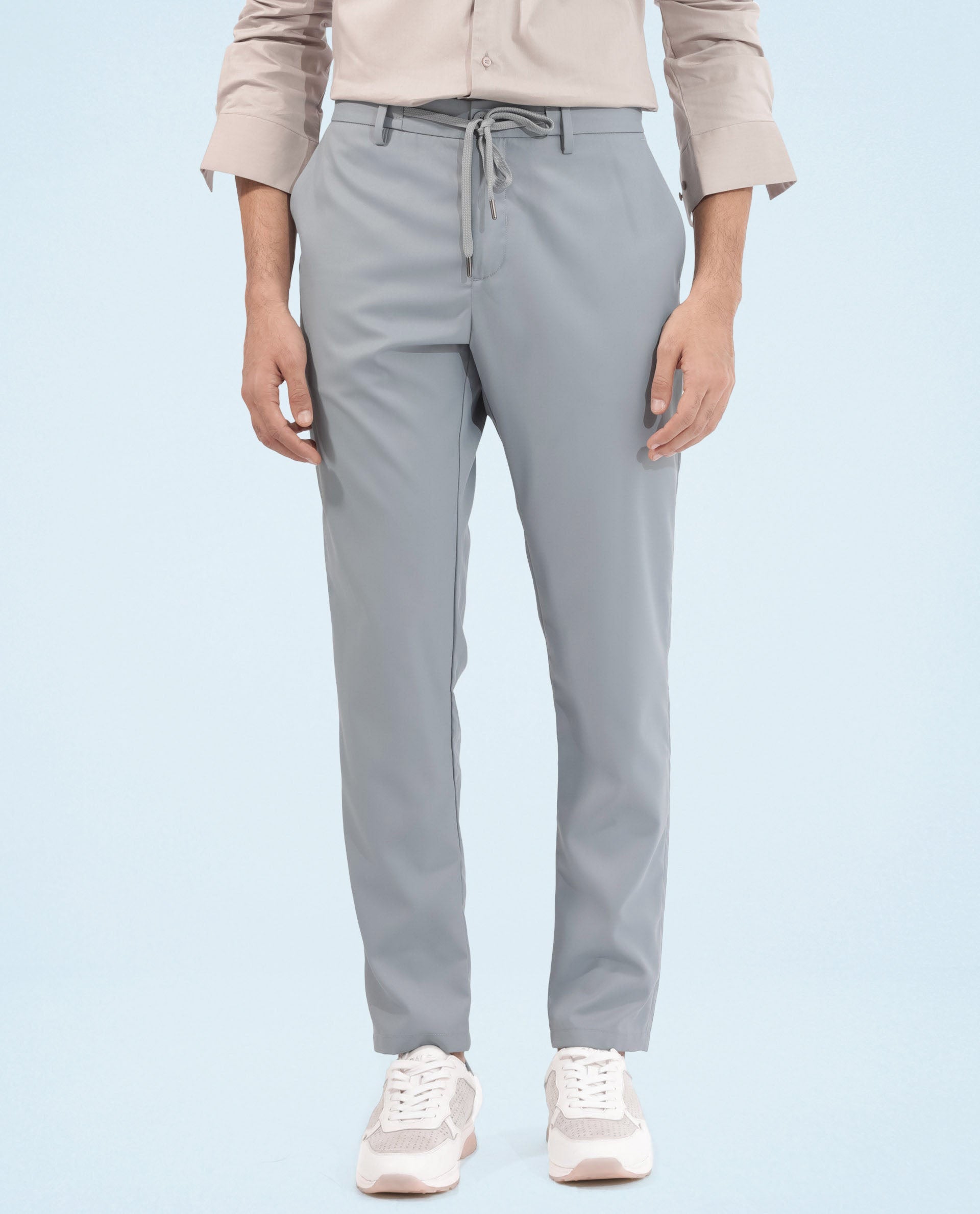 Rare Rabbit Men's Nimb Dusky Blue Polyester Fabric Drawstring And Button Closure High Rise Regular Fit Solid Trousers