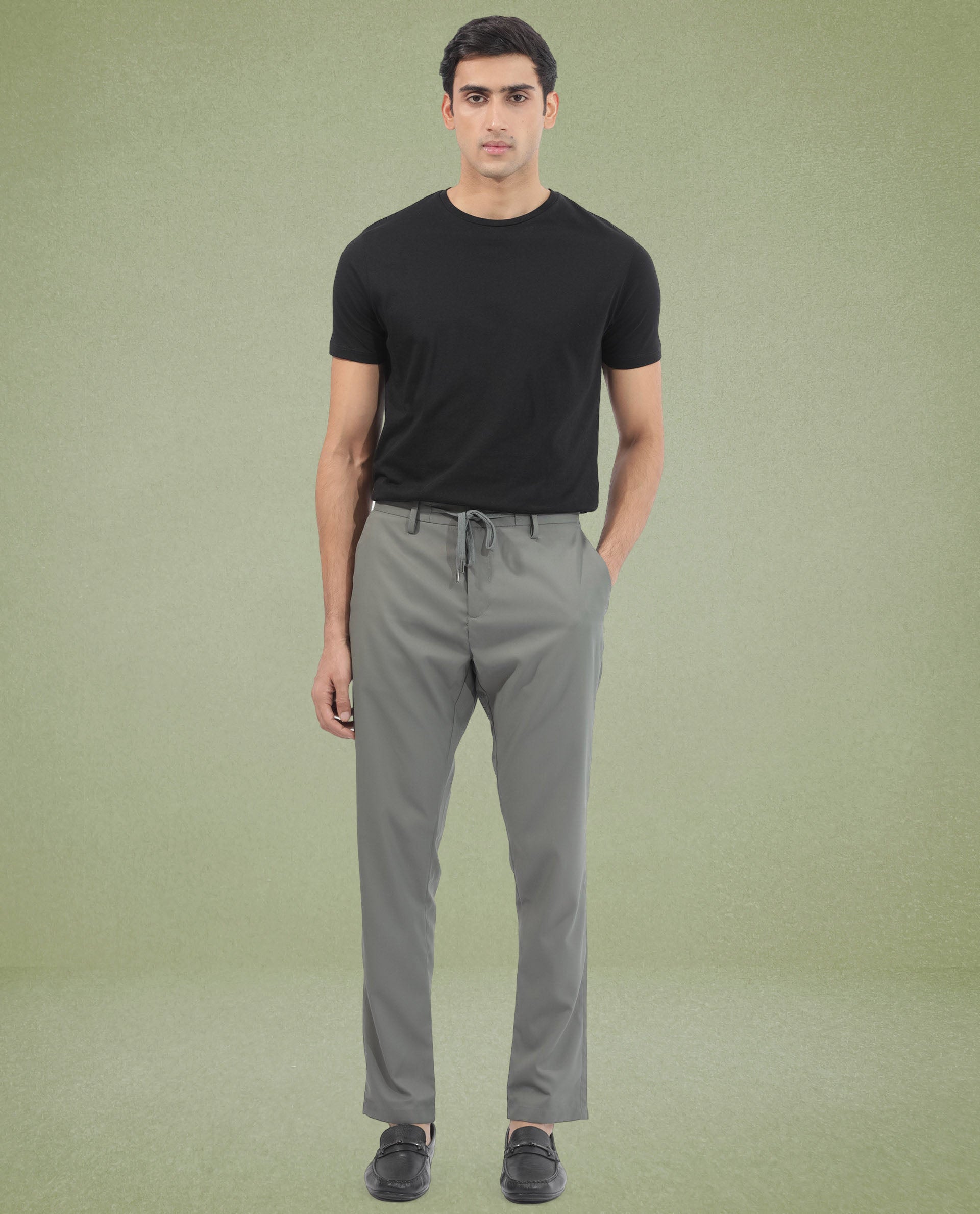 Rare Rabbit Men's Nimb Dusky Green Polyester Fabric Drawstring And Button Closure High Rise Regular Fit Solid Trousers