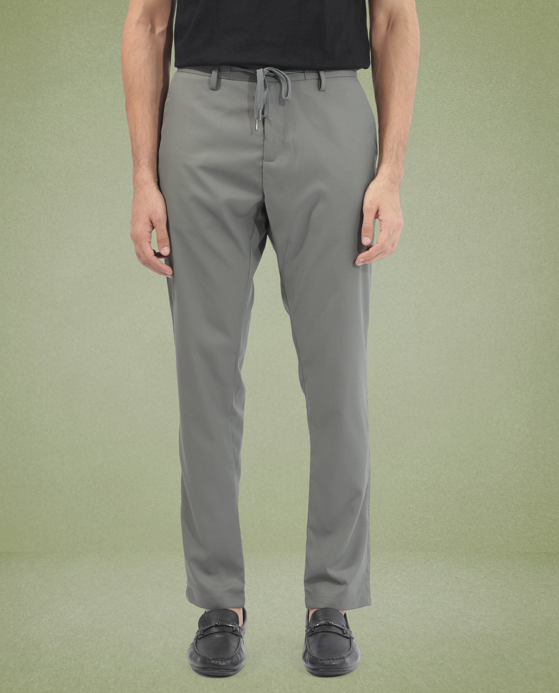 Rare Rabbit Men's Nimb Dusky Green Polyester Fabric Drawstring And Button Closure High Rise Regular Fit Solid Trousers