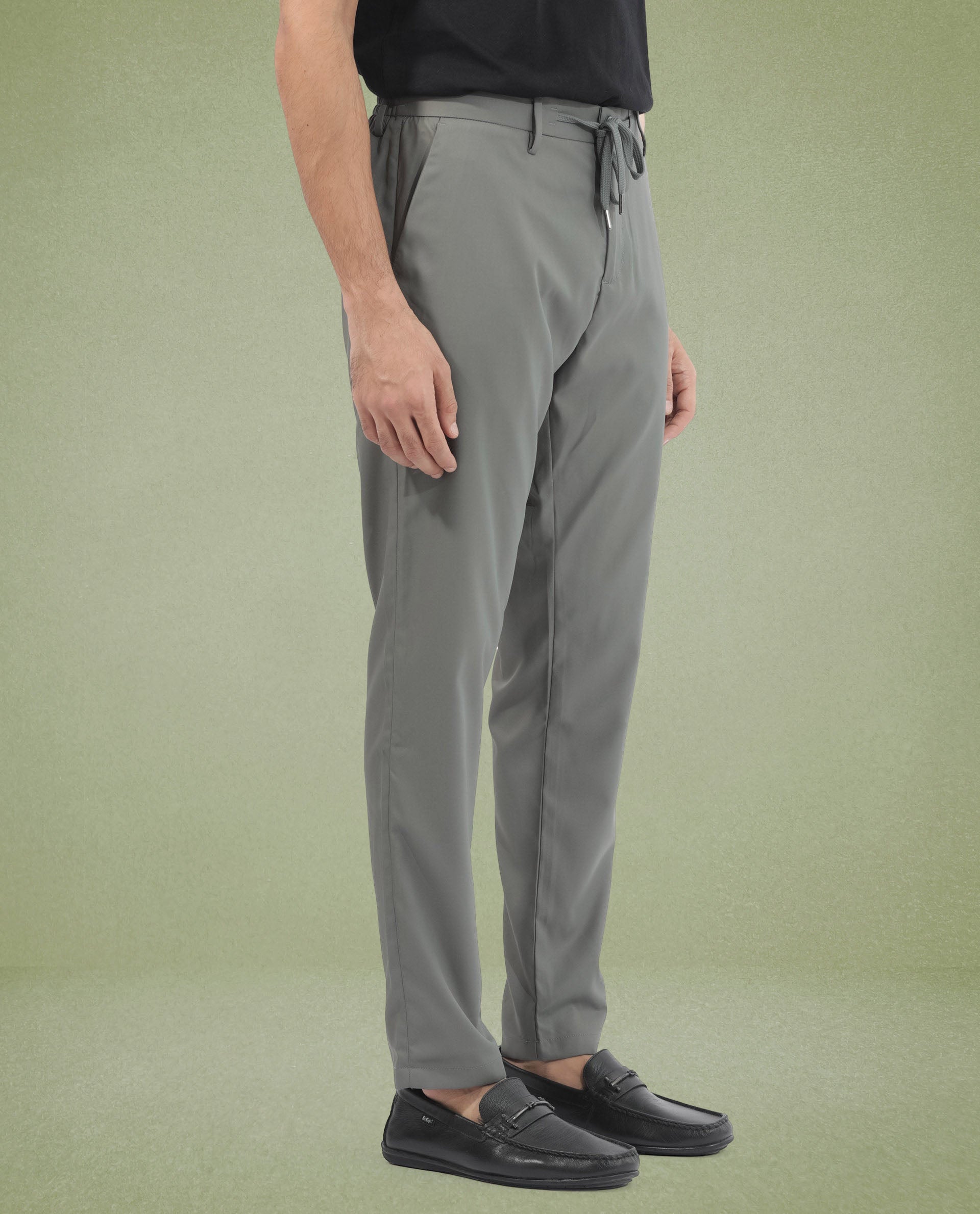 Rare Rabbit Men's Nimb Dusky Green Polyester Fabric Drawstring And Button Closure High Rise Regular Fit Solid Trousers