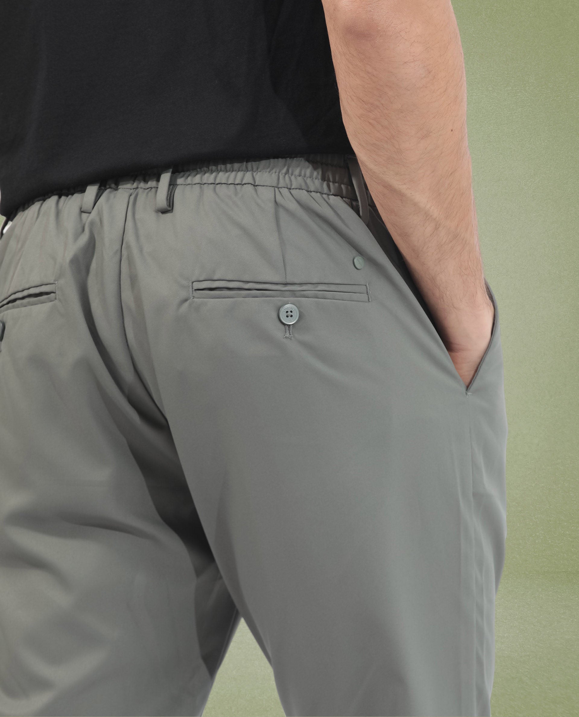 Rare Rabbit Men's Nimb Dusky Green Polyester Fabric Drawstring And Button Closure High Rise Regular Fit Solid Trousers