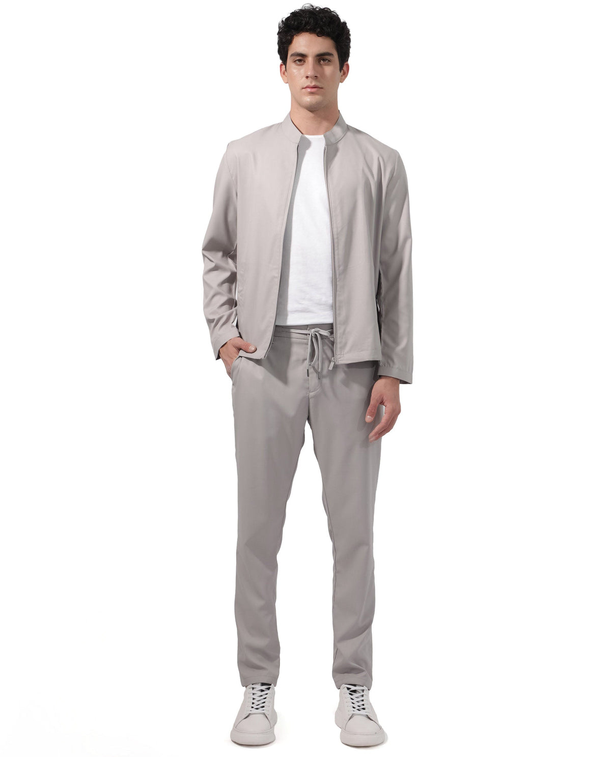 Rare Rabbit Men's Nimbus Light Grey Plain Mandarin Collar Smart Twill Jacket