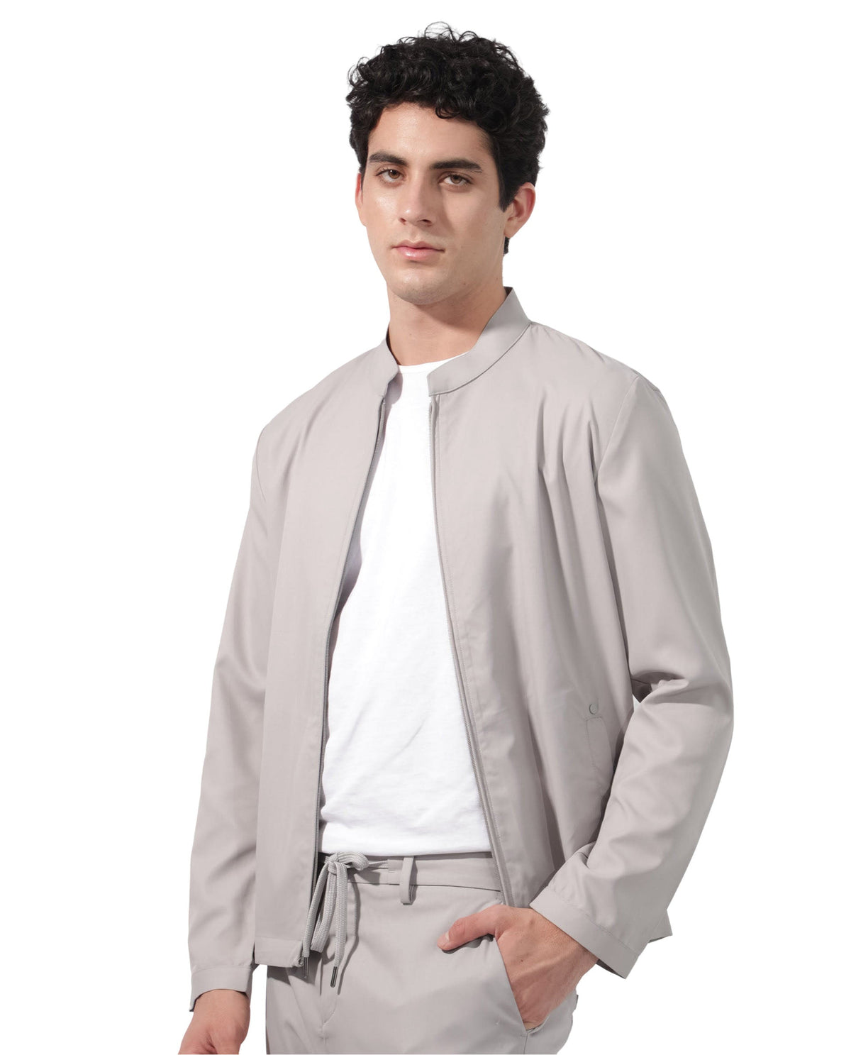 Rare Rabbit Men's Nimbus Light Grey Plain Mandarin Collar Smart Twill Jacket