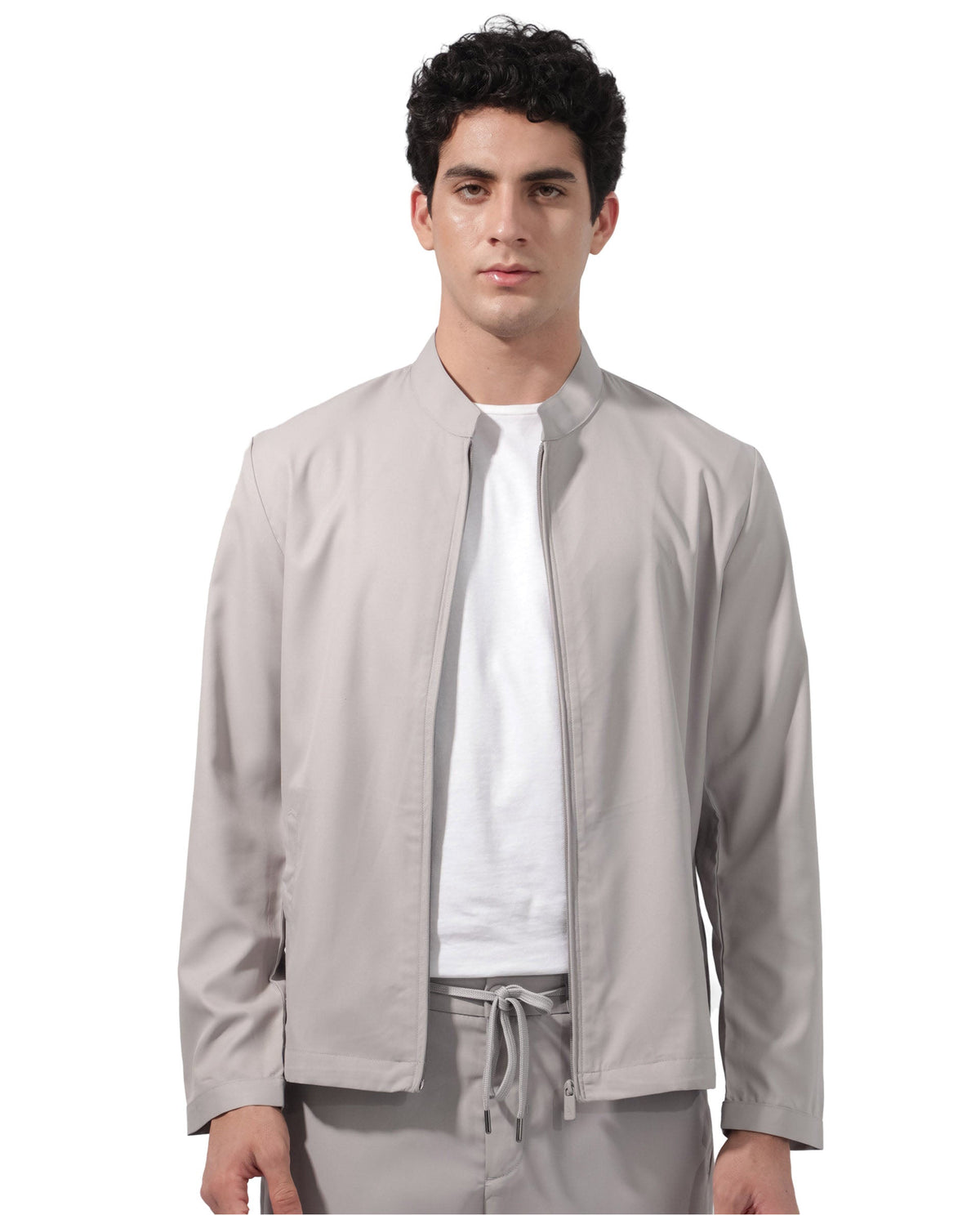 Rare Rabbit Men's Nimbus Light Grey Plain Mandarin Collar Smart Twill Jacket