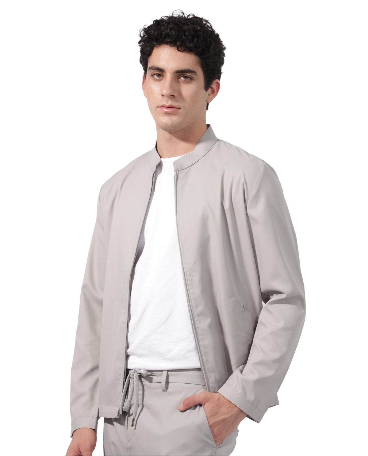 Rare Rabbit Men's Nimbus Light Grey Plain Mandarin Collar Smart Twill Jacket