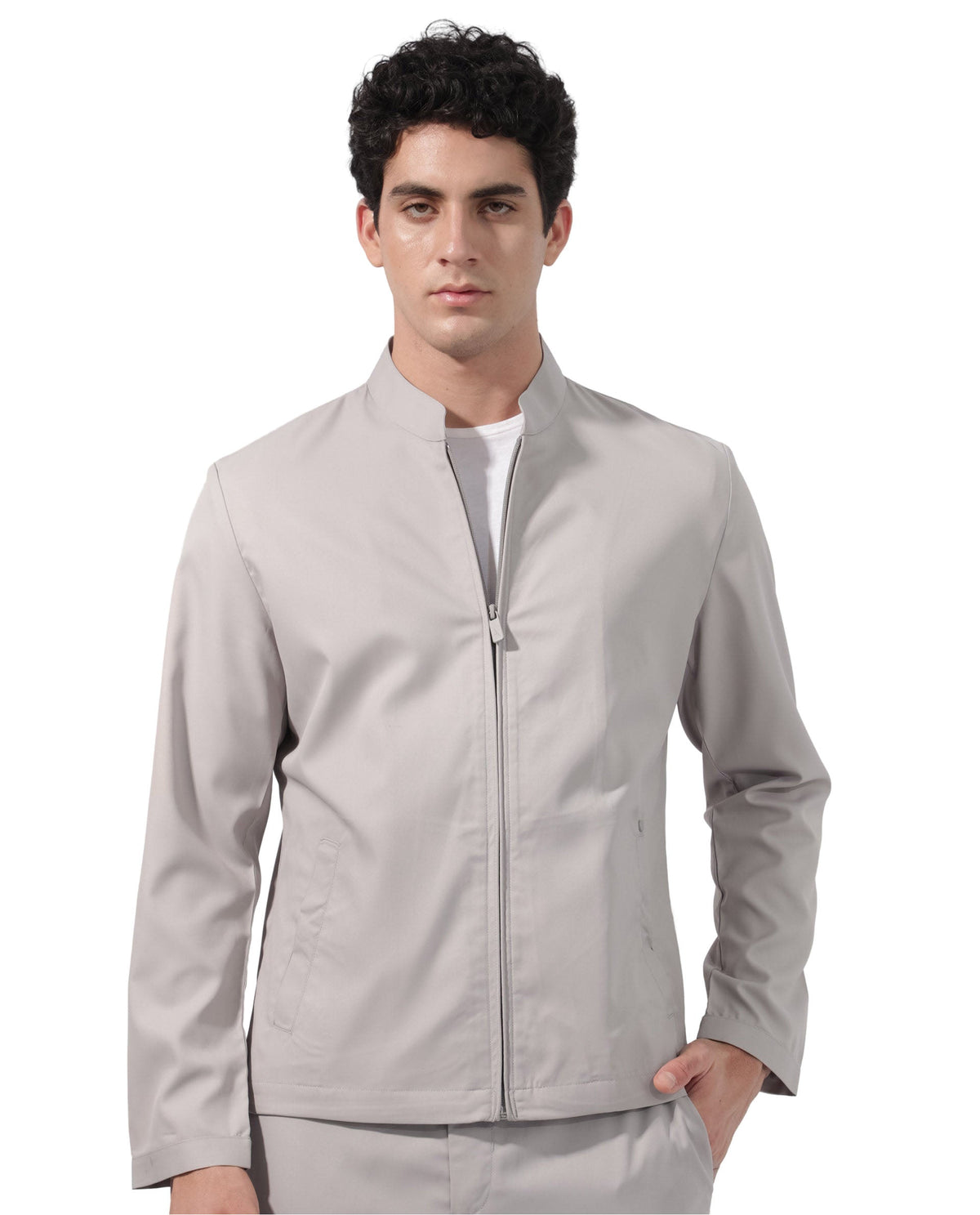 Rare Rabbit Men's Nimbus Light Grey Plain Mandarin Collar Smart Twill Jacket