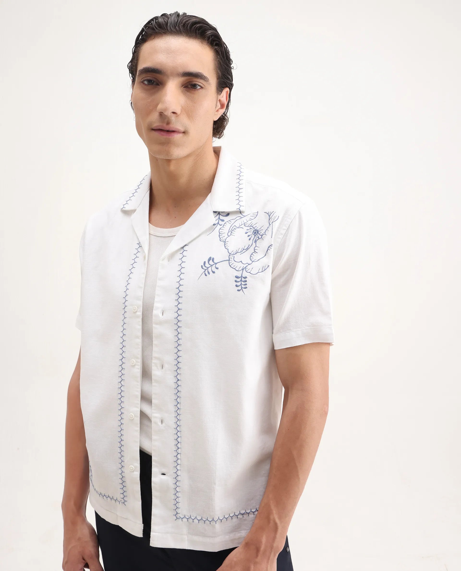 Rare Rabbit Men's Niort White Cotton Embroidered Relaxed Fit Half Sleeve Cuban Collar Shirt