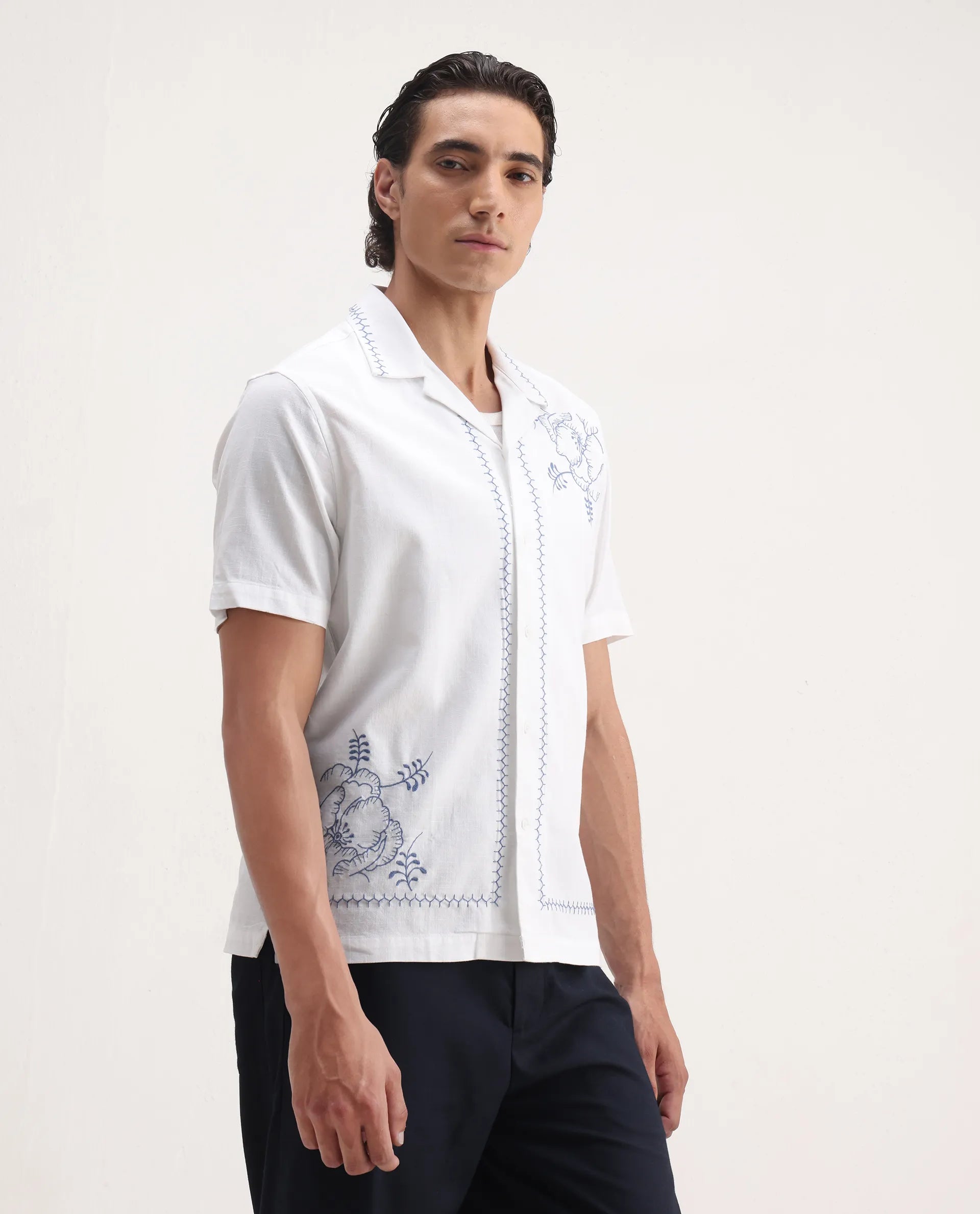 Rare Rabbit Men's Niort White Cotton Embroidered Relaxed Fit Half Sleeve Cuban Collar Shirt