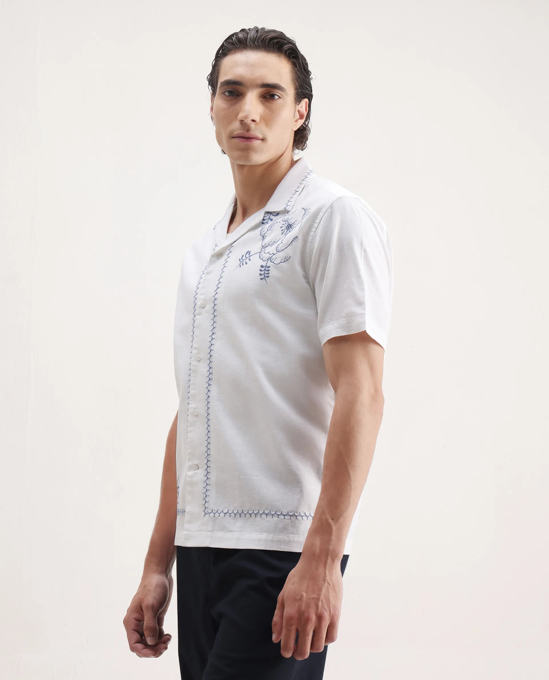 Rare Rabbit Men's Niort White Cotton Embroidered Relaxed Fit Half Sleeve Cuban Collar Shirt