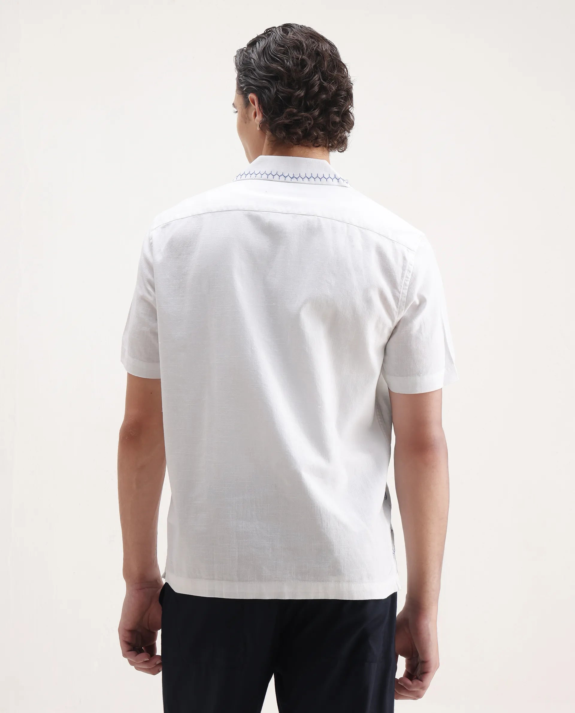 Rare Rabbit Men's Niort White Cotton Embroidered Relaxed Fit Half Sleeve Cuban Collar Shirt