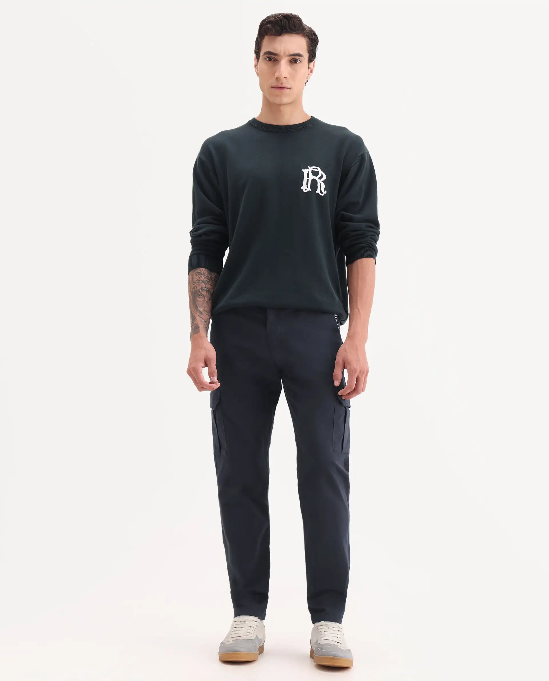 Rare Rabbit Men's Nobon Navy Cotton Plain Regular Fit Trouser