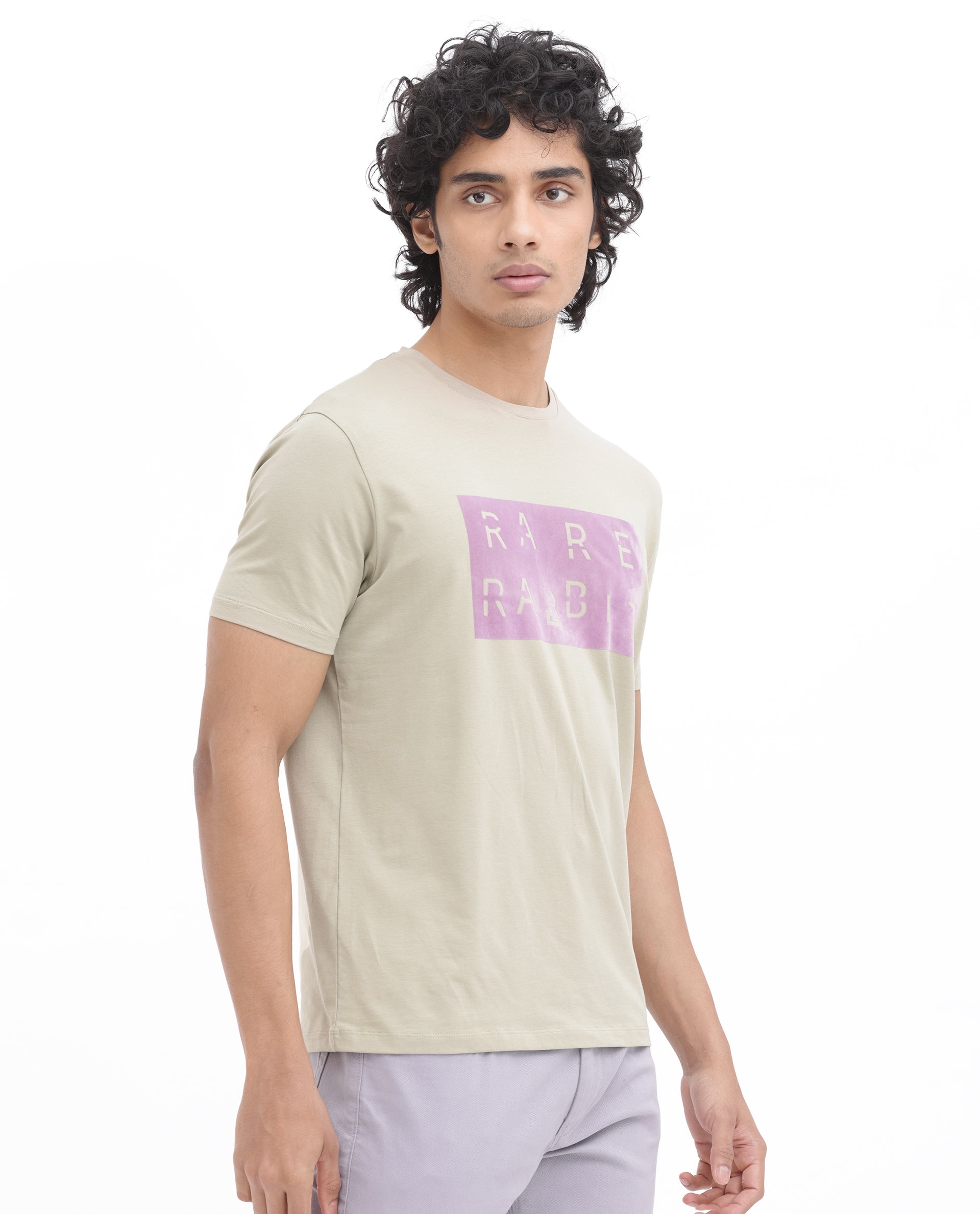 Rare Rabbit Men's Noir Light Green Cotton Lycra Fabric Half Sleeves Graphic Print T-Shirt