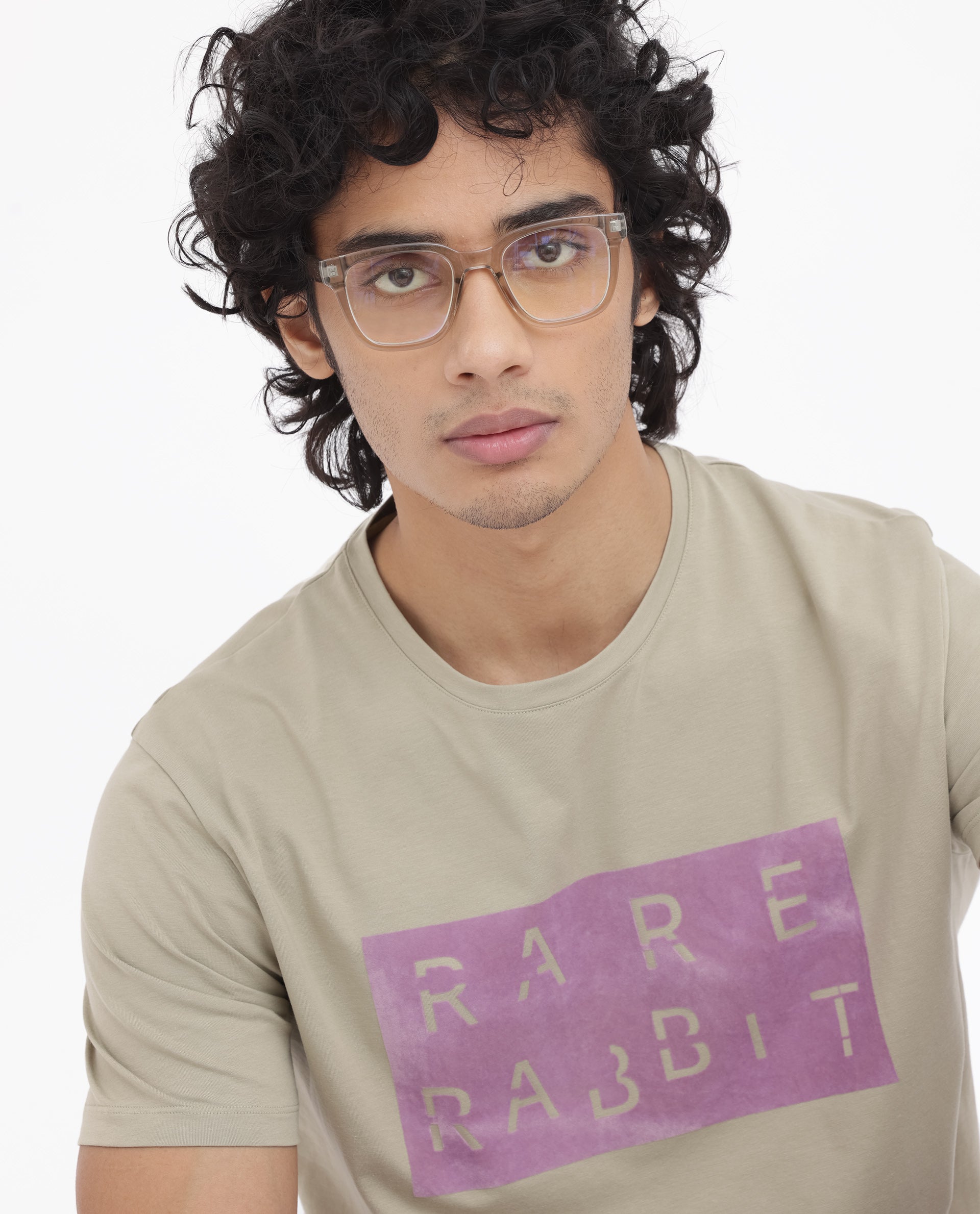 Rare Rabbit Men's Noir Light Green Cotton Lycra Fabric Half Sleeves Graphic Print T-Shirt