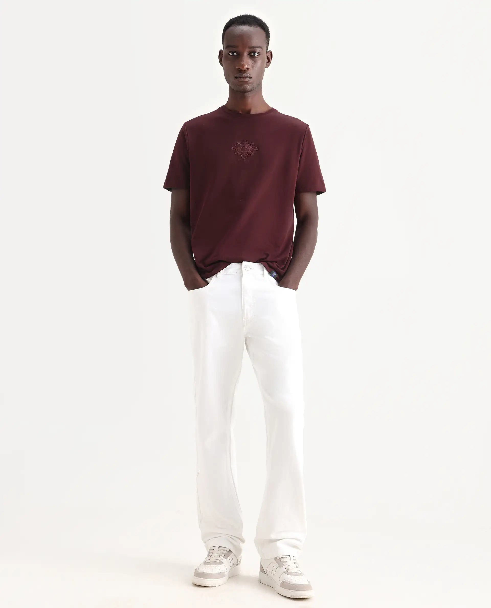 Rare Rabbit Men's Nok Maroon Cotton Embroidered Regular Fit Half Sleeve Crew Neck T-Shirt