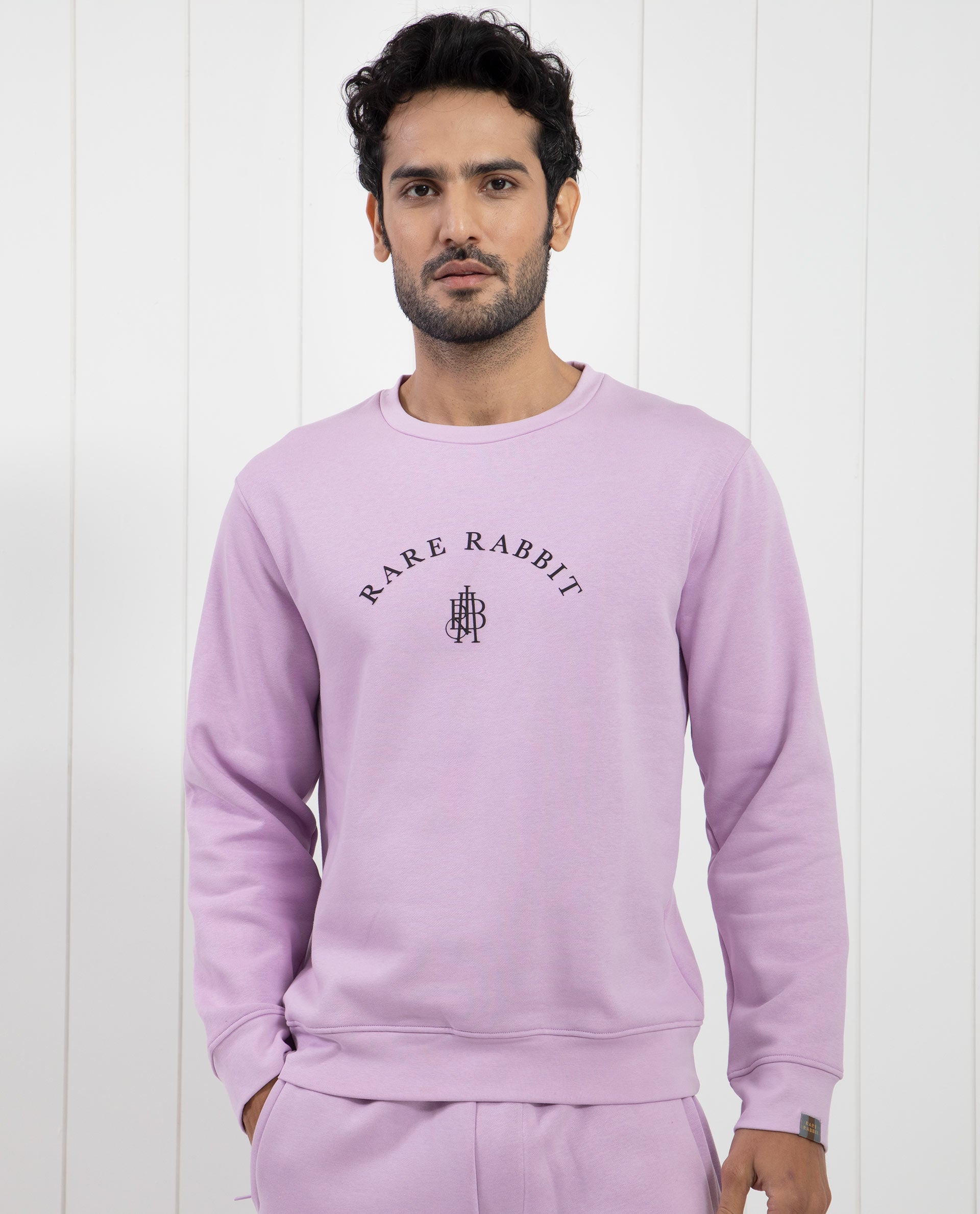 Rare Rabbit Men's Nomic Pastel Purple Cotton Polyester Fabric Full Sleeves Logo Graphic Print Sweatshirt