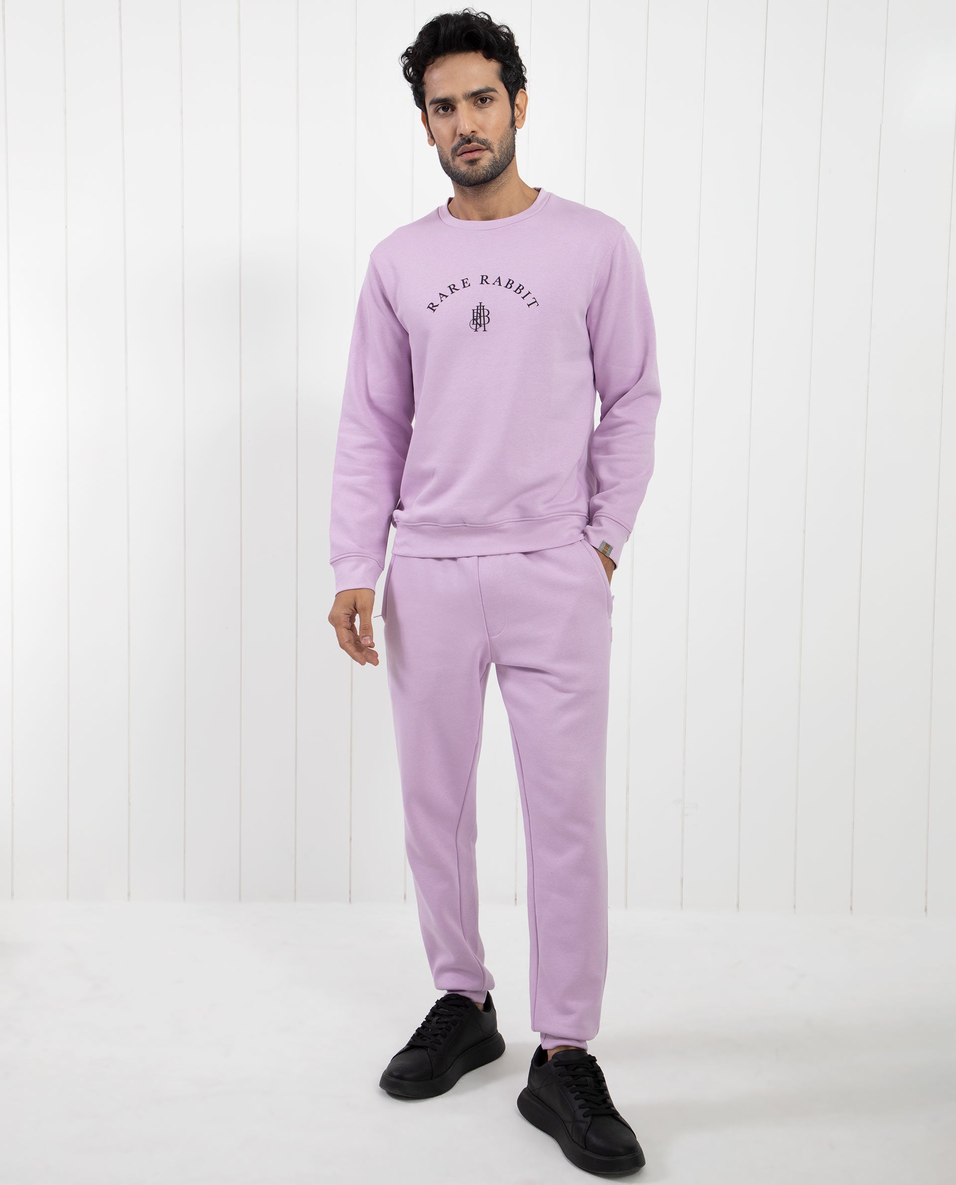 Rare Rabbit Men's Nomic Pastel Purple Cotton Polyester Fabric Full Sleeves Logo Graphic Print Sweatshirt