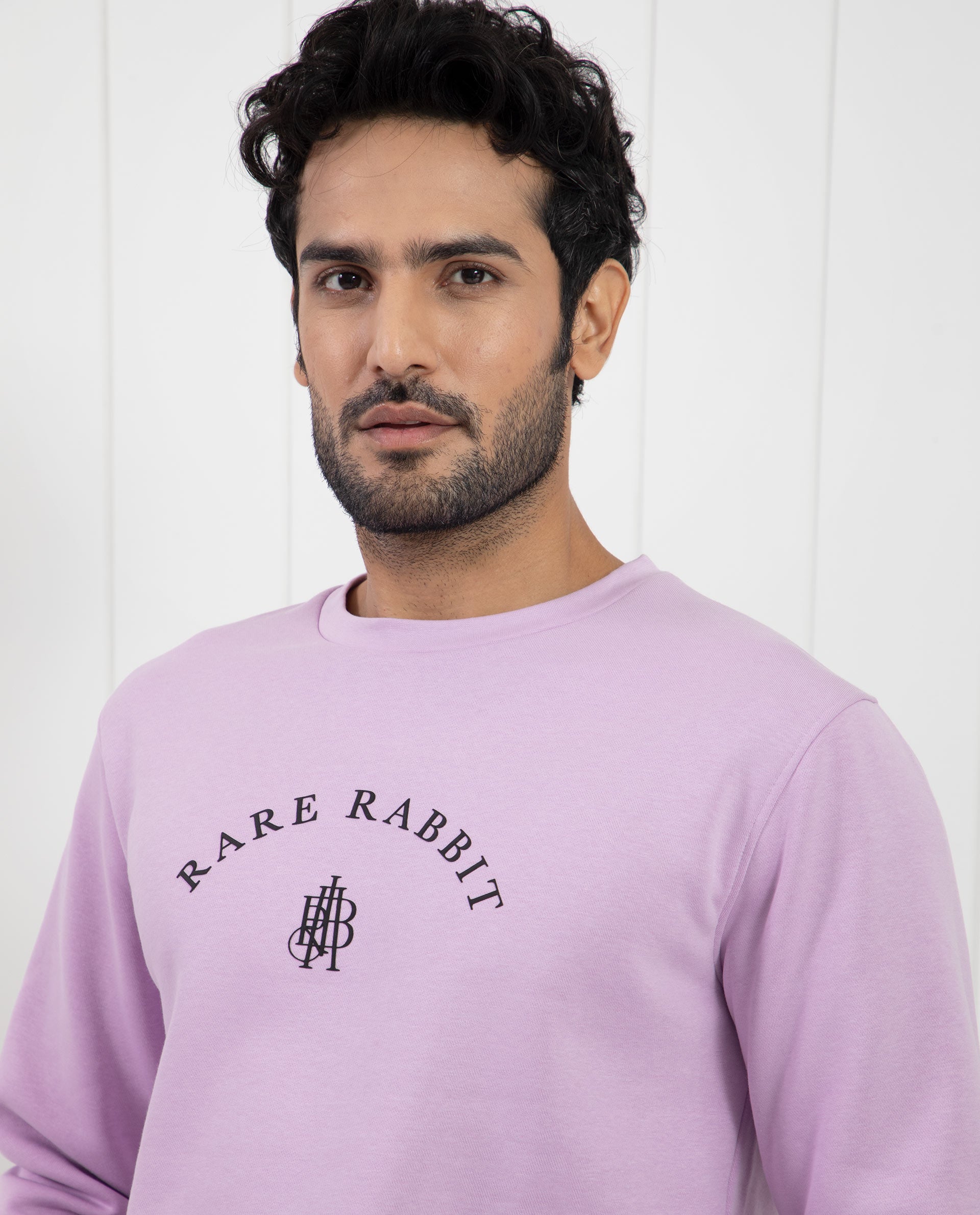 Rare Rabbit Men's Nomic Pastel Purple Cotton Polyester Fabric Full Sleeves Logo Graphic Print Sweatshirt