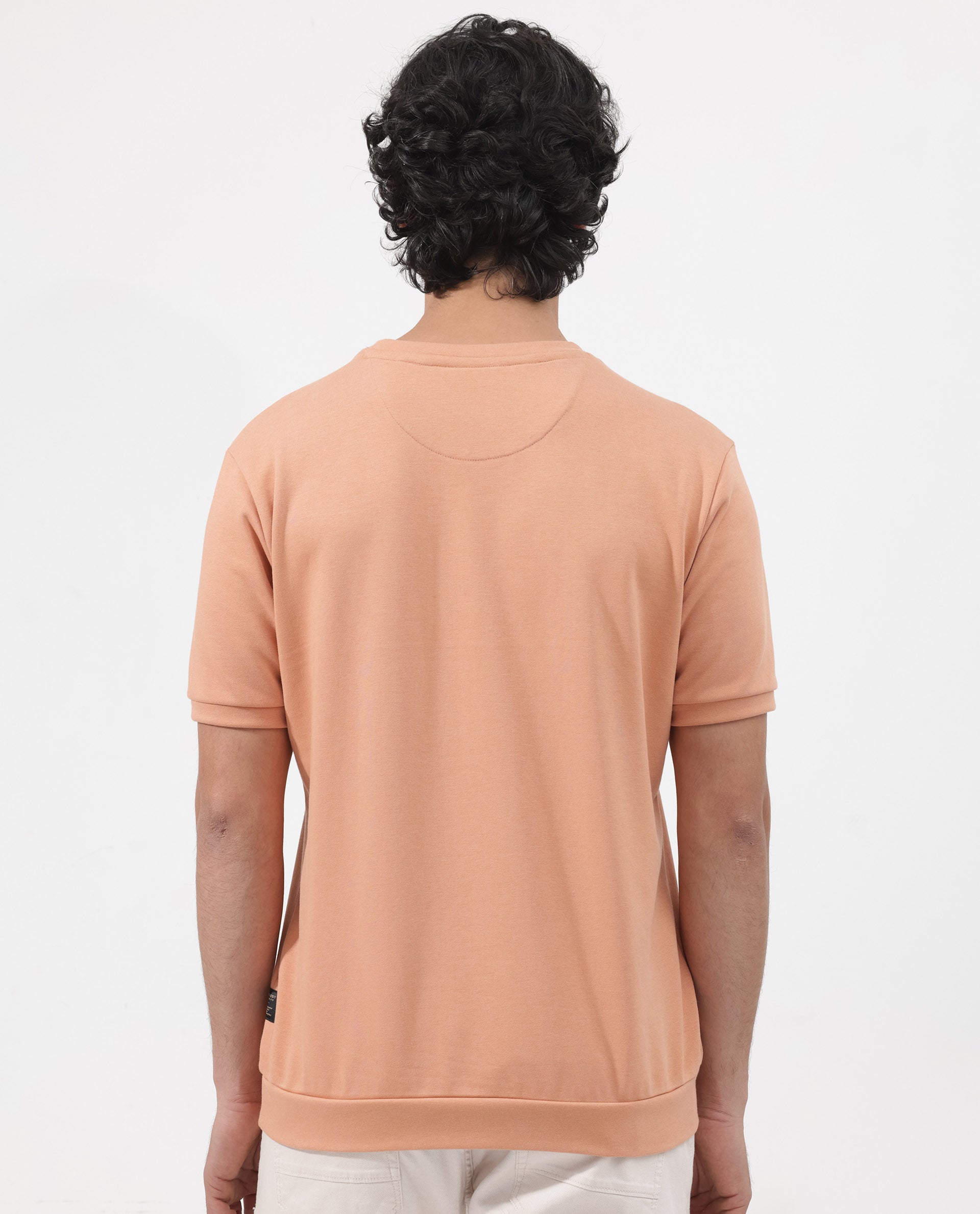 Rare Rabbit Mens Nor-2 Dusky Orange Loopback Terry Fabric Half Sleeves Towel Embroidered Oversized T-Shirt