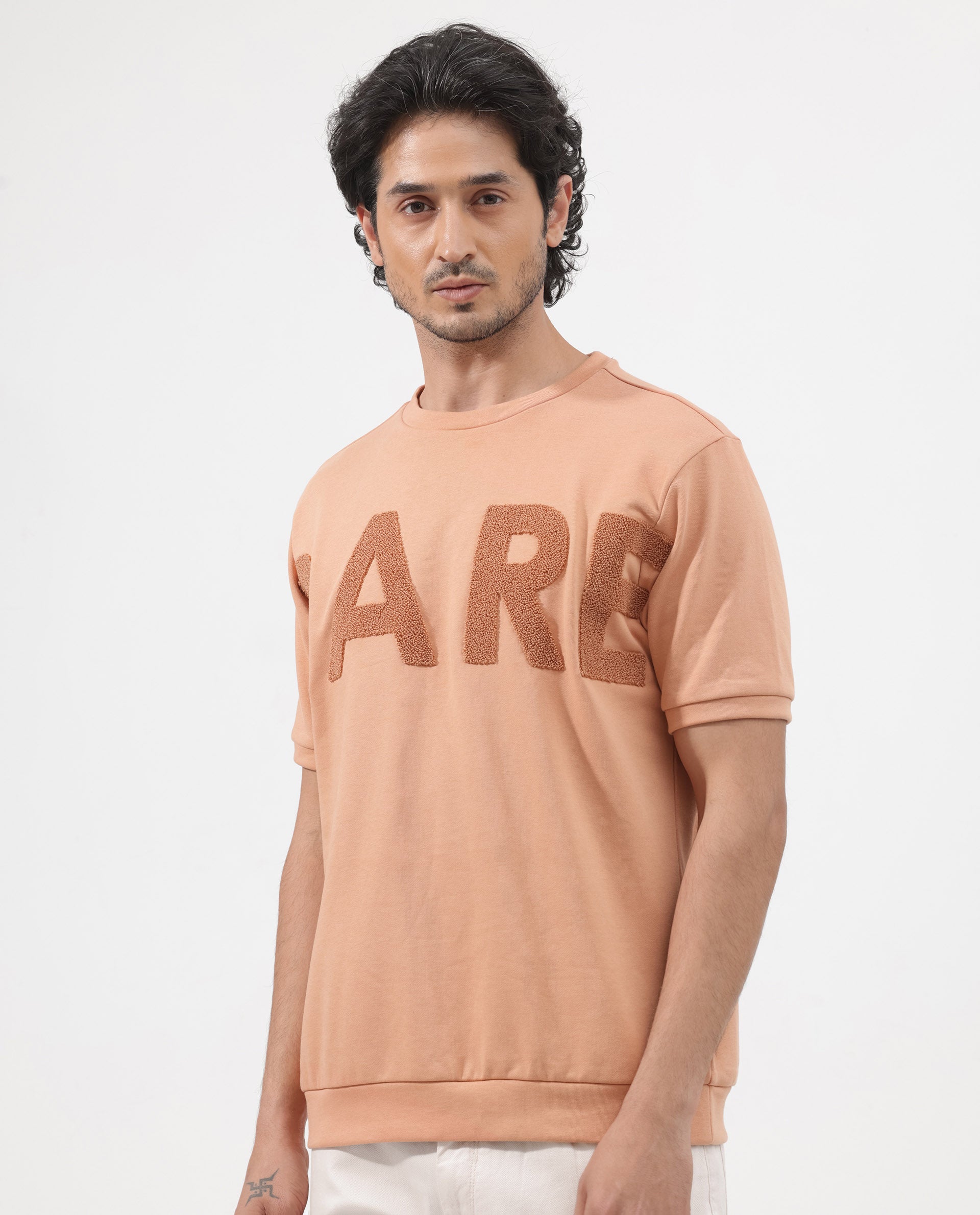 Rare Rabbit Mens Nor-2 Dusky Orange Loopback Terry Fabric Half Sleeves Towel Embroidered Oversized T-Shirt
