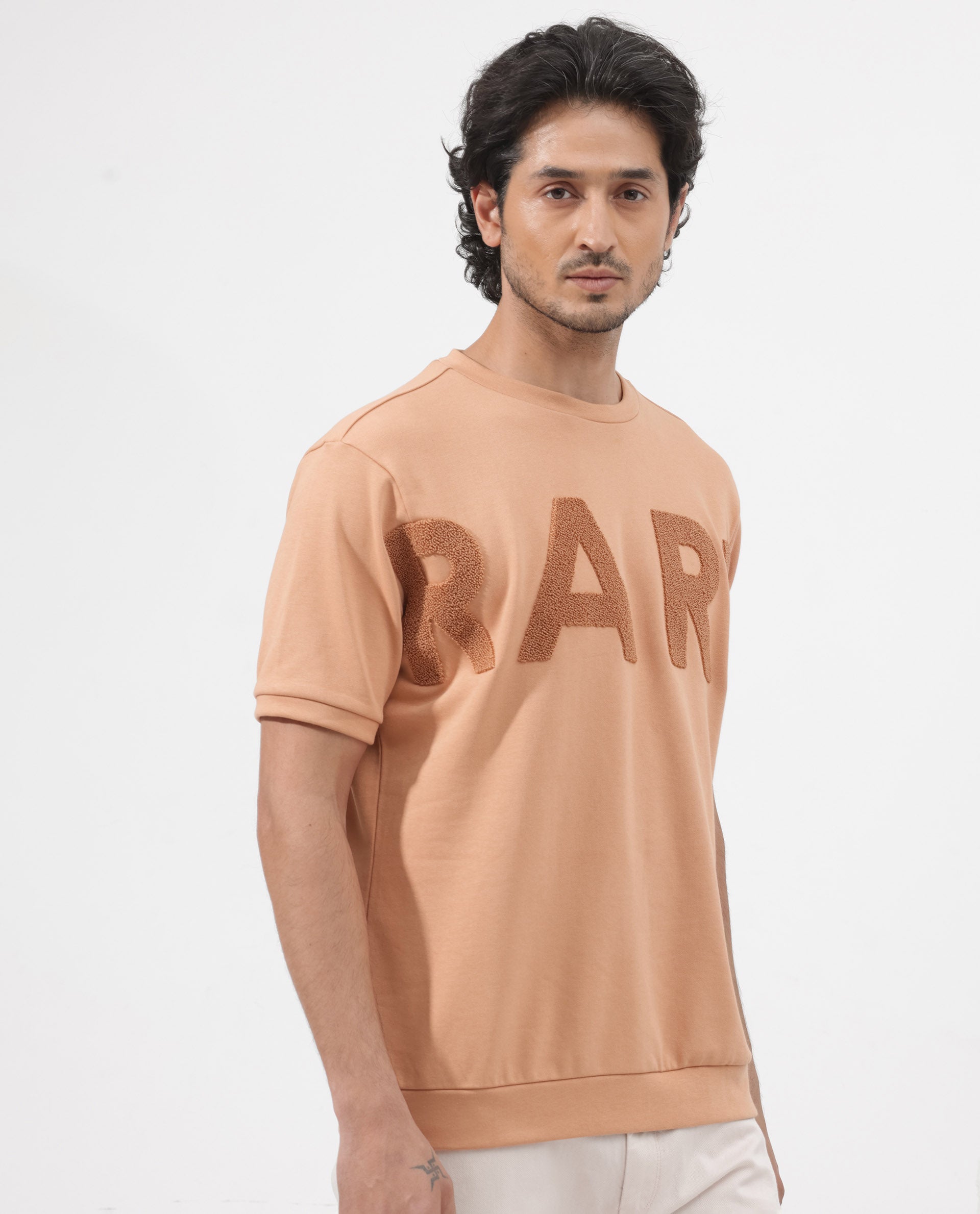 Rare Rabbit Mens Nor-2 Dusky Orange Loopback Terry Fabric Half Sleeves Towel Embroidered Oversized T-Shirt