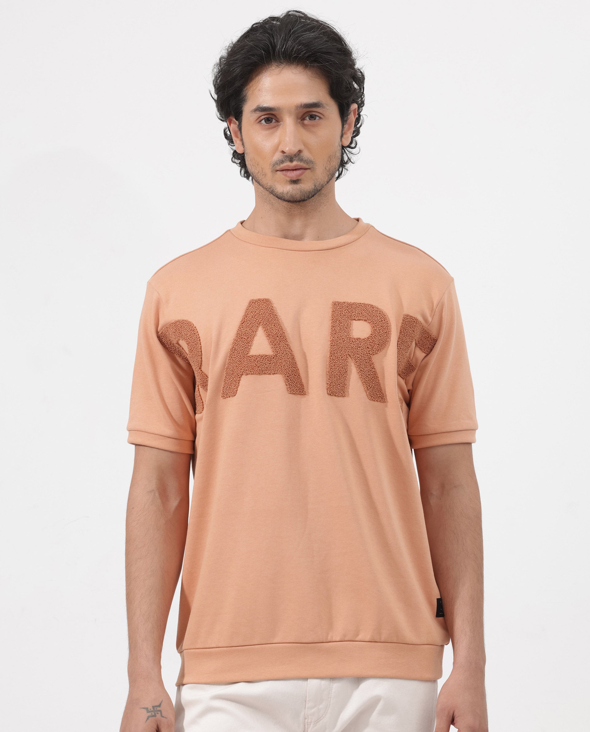 Rare Rabbit Mens Nor-2 Dusky Orange Loopback Terry Fabric Half Sleeves Towel Embroidered Oversized T-Shirt