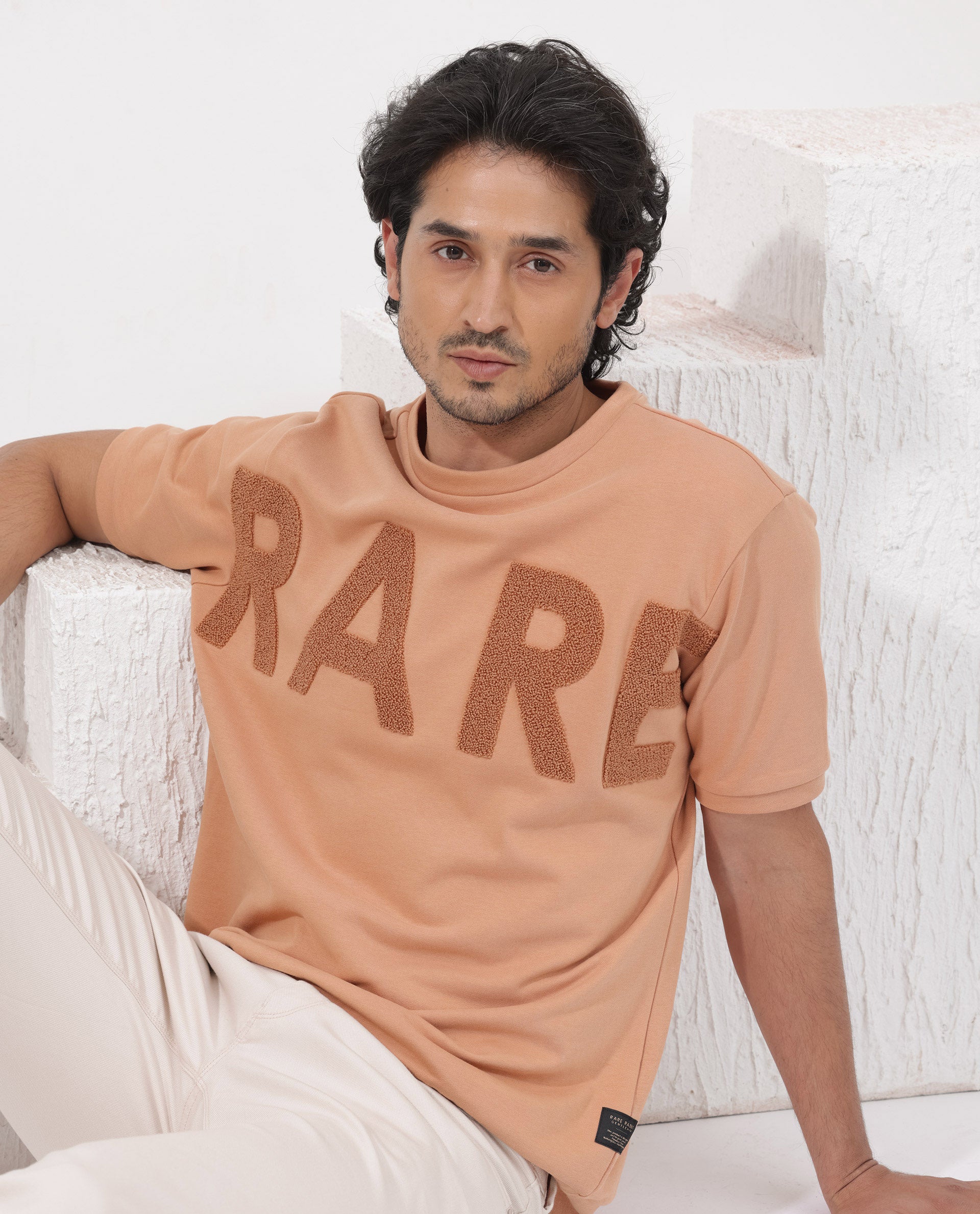 Rare Rabbit Mens Nor-2 Dusky Orange Loopback Terry Fabric Half Sleeves Towel Embroidered Oversized T-Shirt