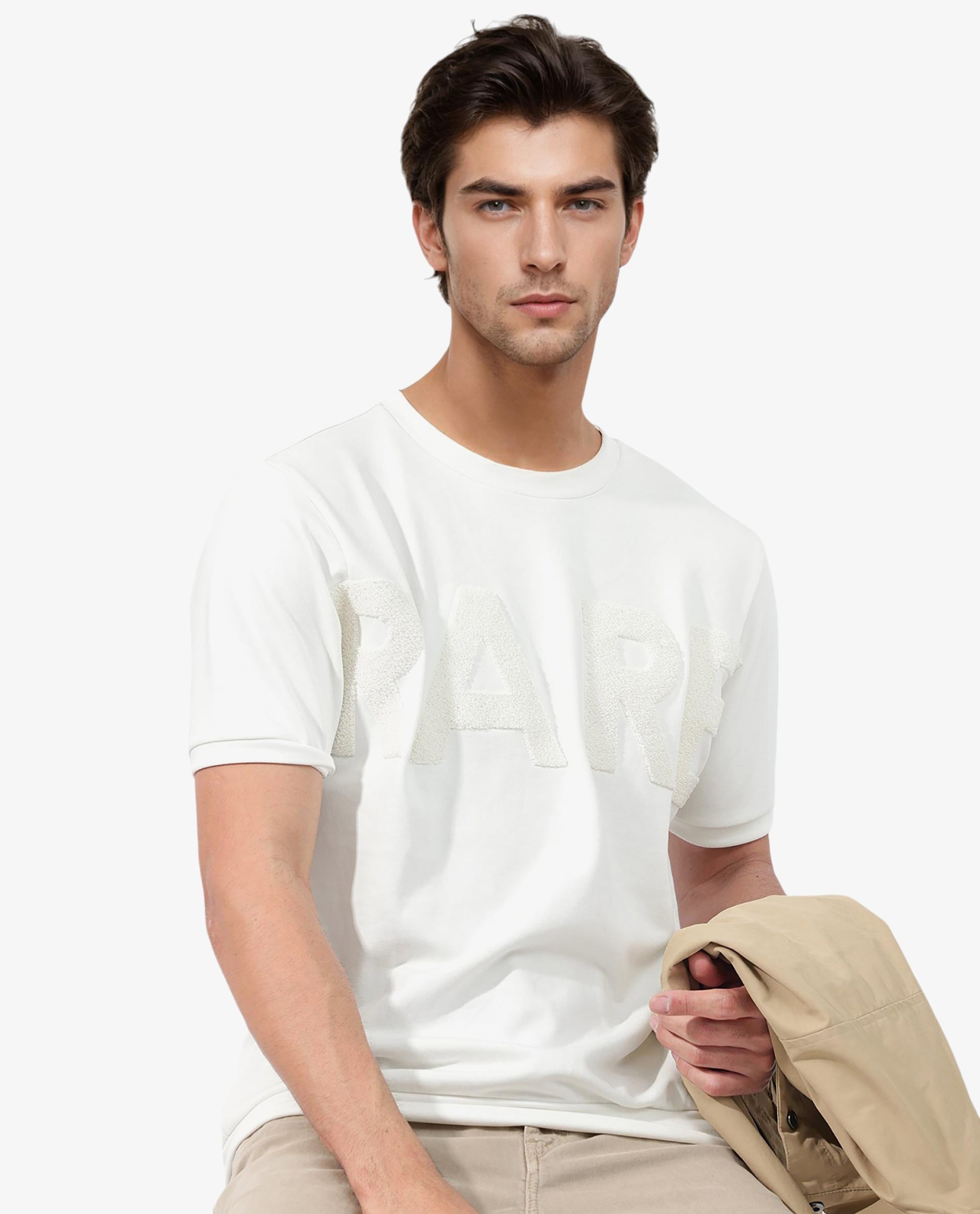 Rare Rabbit Men's Nor-2 Off White Cotton Fabric Half Sleeves Towel Embroidered Oversized T-Shirt