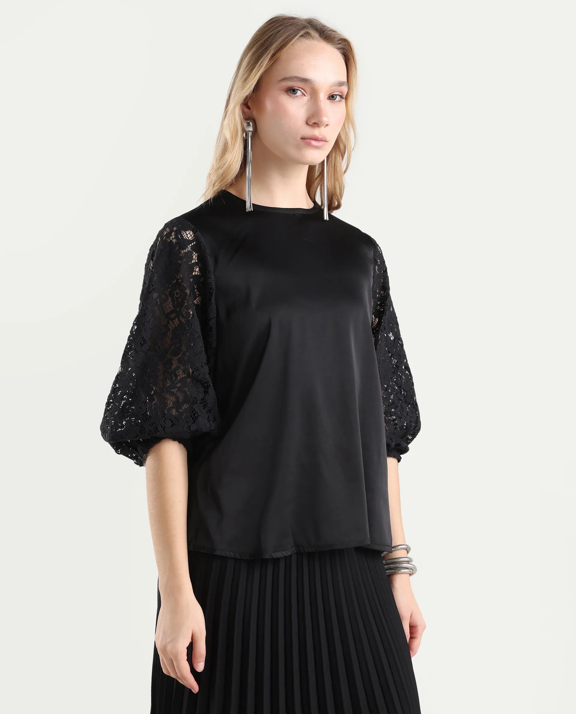 Rareism Women's Norbury Black Polyester High Neck Plain Balloon Sleeve Regular Fit Top