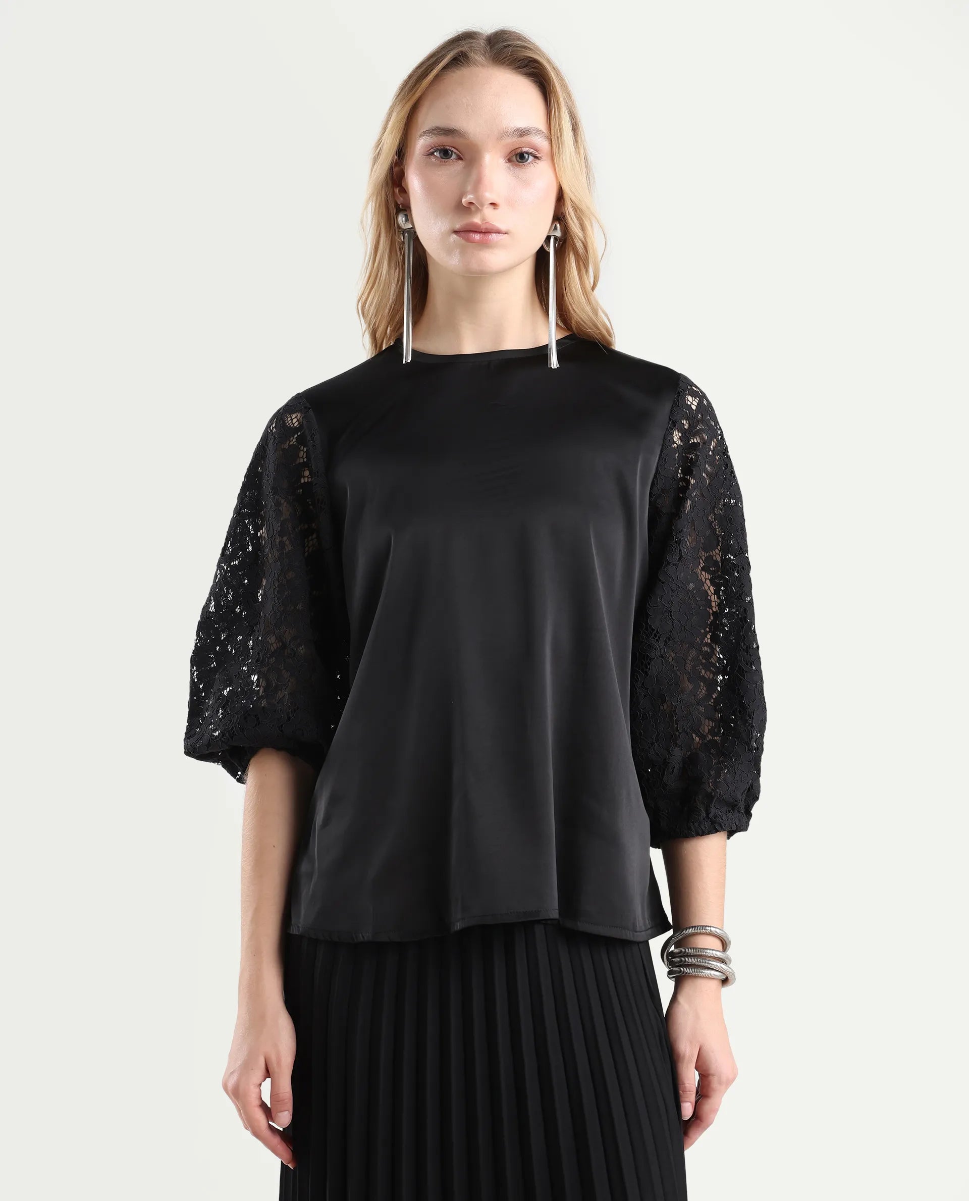 Rareism Women's Norbury Black Polyester High Neck Plain Balloon Sleeve Regular Fit Top