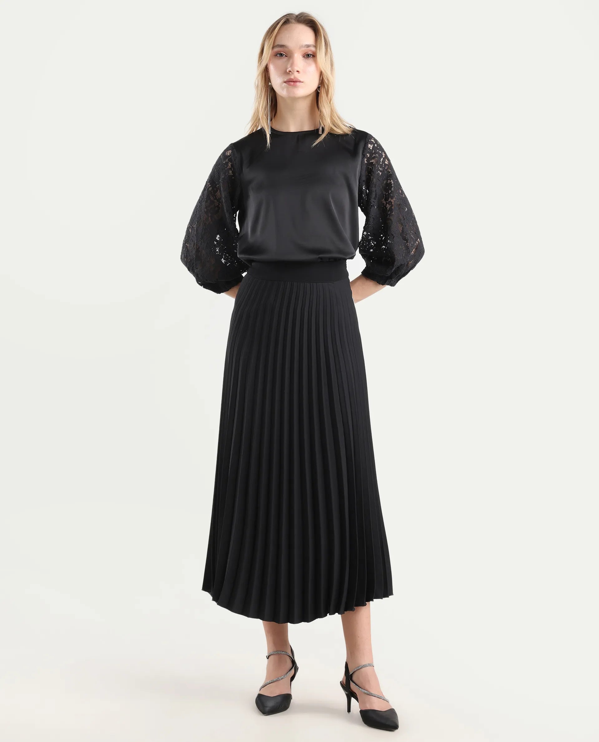 Rareism Women's Norbury Black Polyester High Neck Plain Balloon Sleeve Regular Fit Top